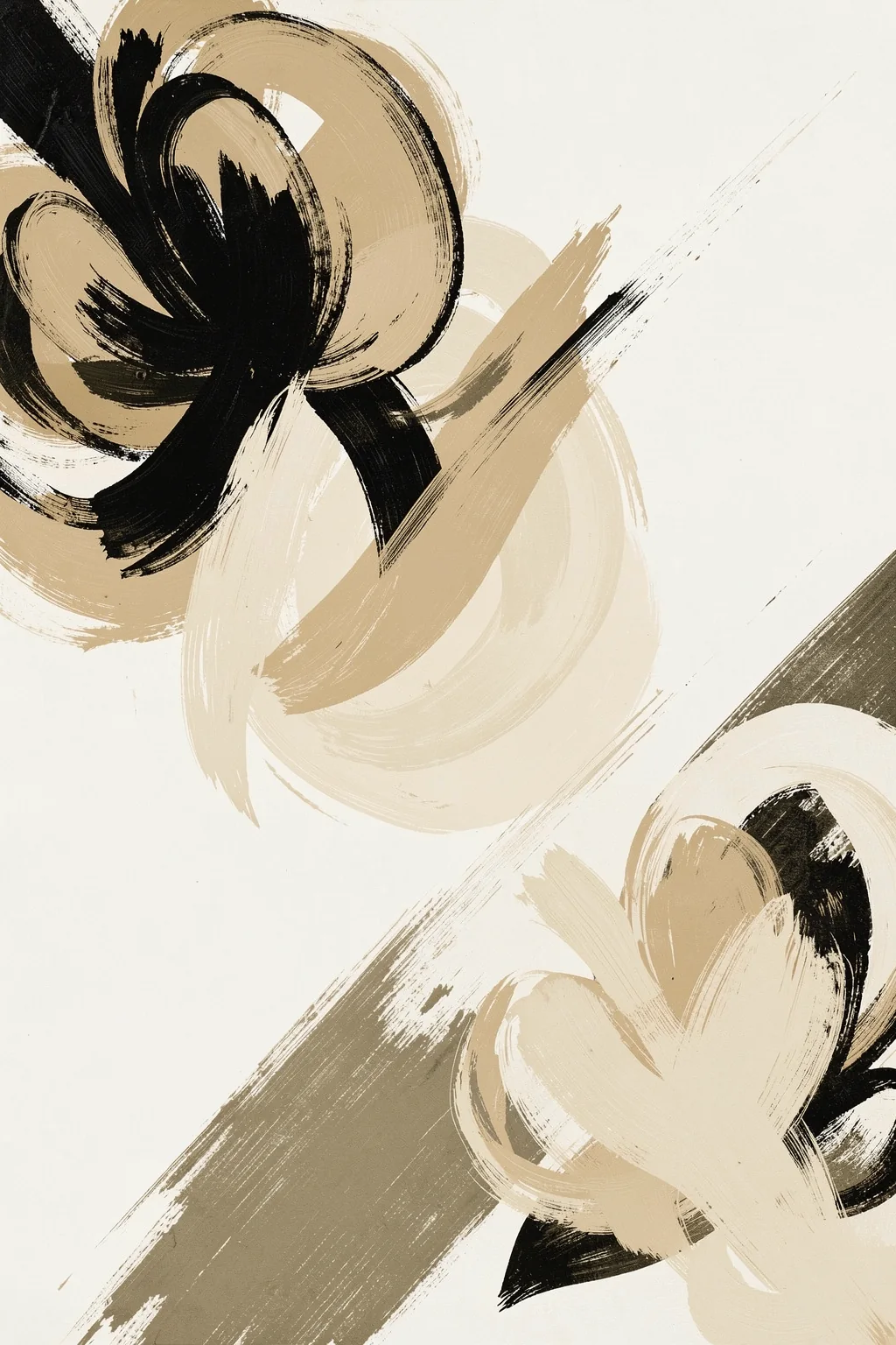Summer View No2. Three loose flower-like forms in black, taupe and cream are painted with sweeping textured strokes.