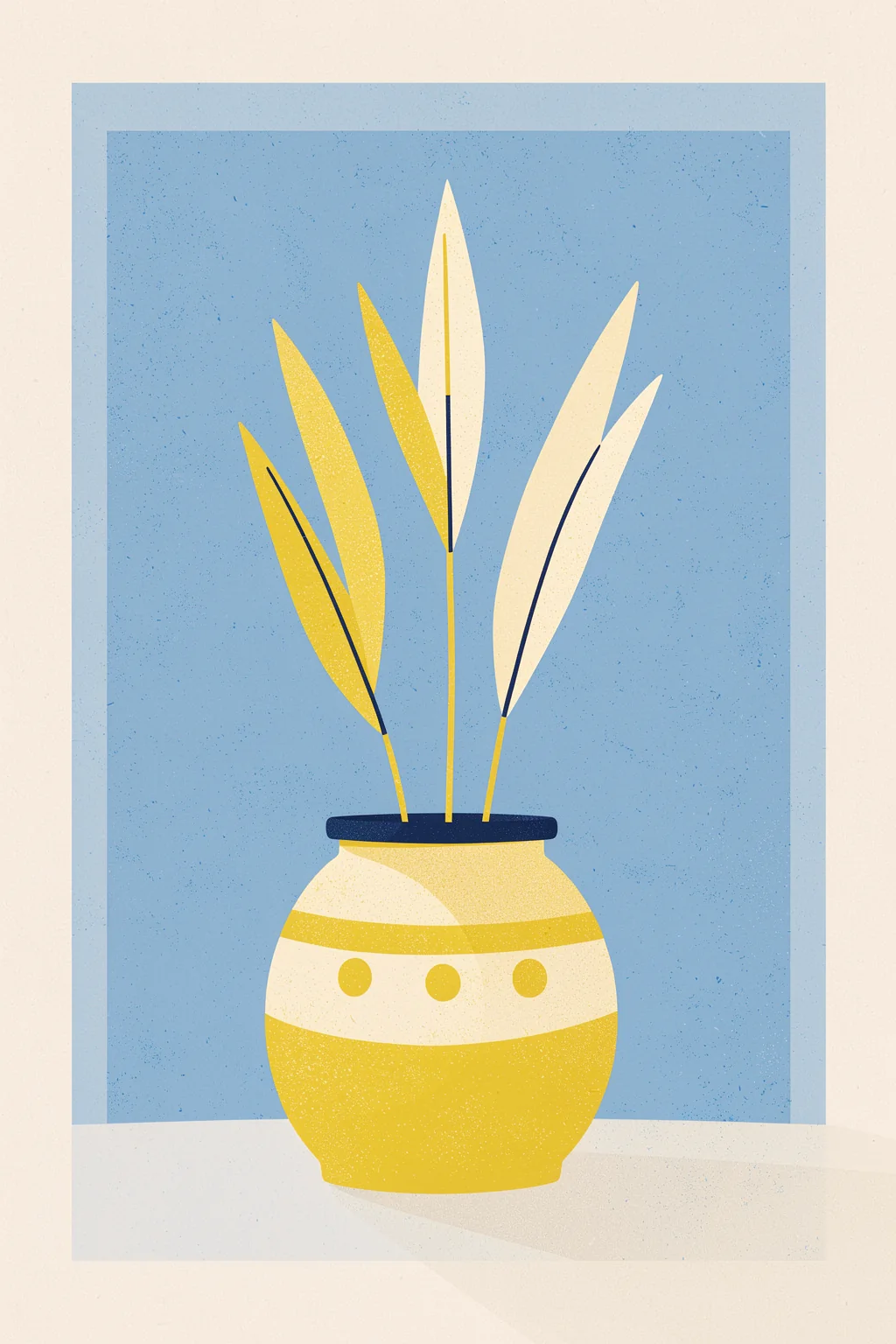 Vibrant Potted Plants. A simple yellow-and-cream potted plant sits before a blue rectangular panel on a pale beige surface.
