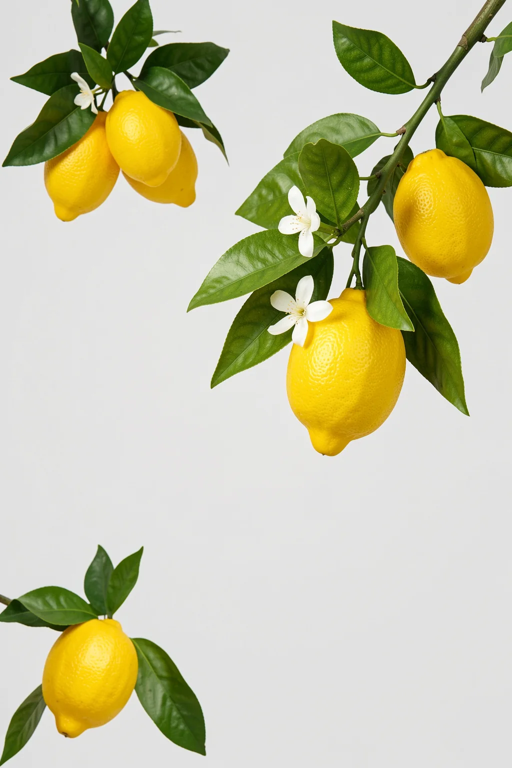 Lemon Tree Illustration. Bright yellow lemons and white blossoms hang among glossy green leaves on branches against a light background.