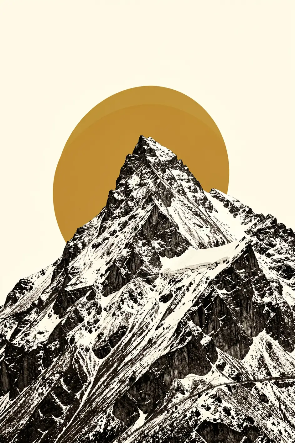 Golden Mountain Peak. A sharply detailed snow-covered mountain rises in front of a large ochre-gold circle on a pale cream ground.