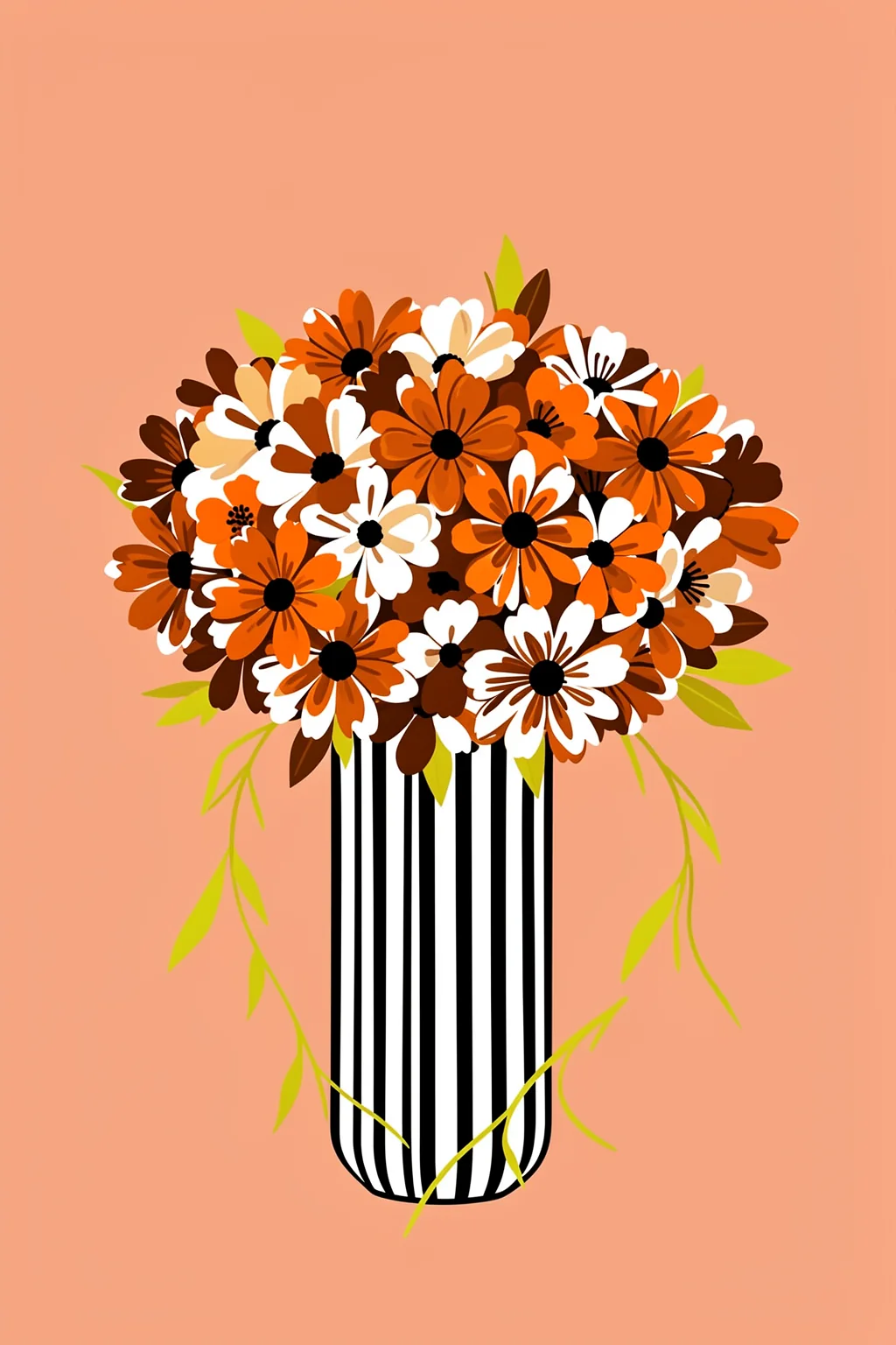Striped Vase Blooms. A dense bouquet of orange, brown and cream flowers fills a tall black-and-white striped vase against a peach background.