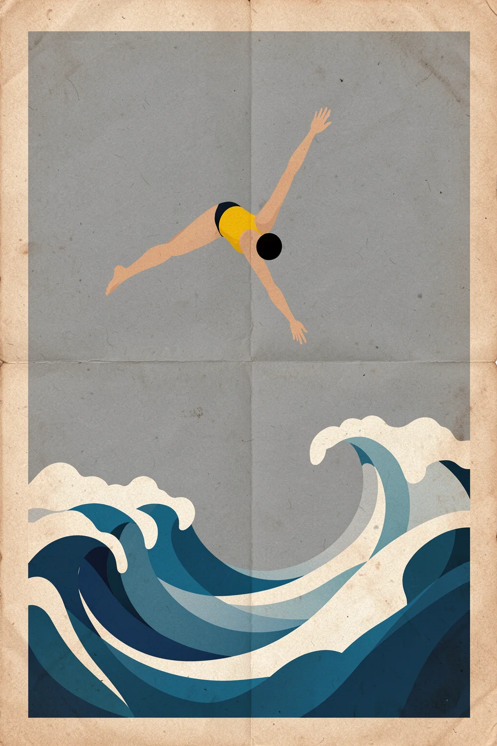 Woman Diving Ocean Waves. A swimmer in a yellow suit dives above layered blue waves in a weathered, paper-like frame.