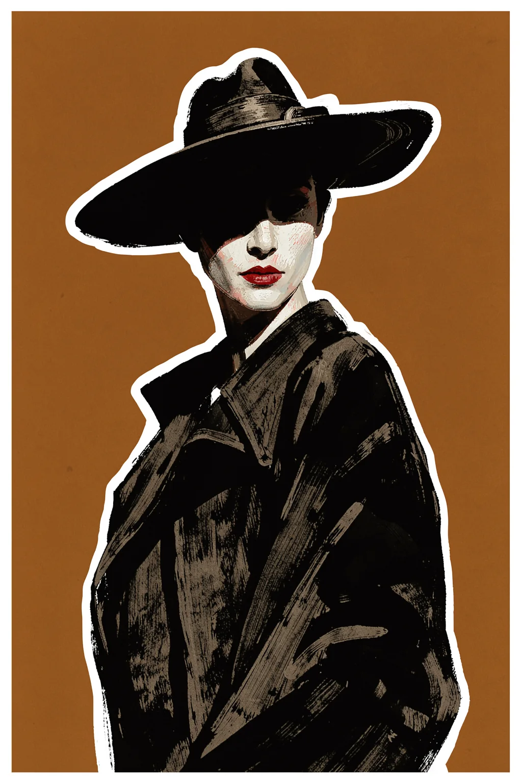 Die Hämische 1910. A dramatic fashion portrait shows a woman in a wide black hat and dark coat against a warm ochre backdrop.
