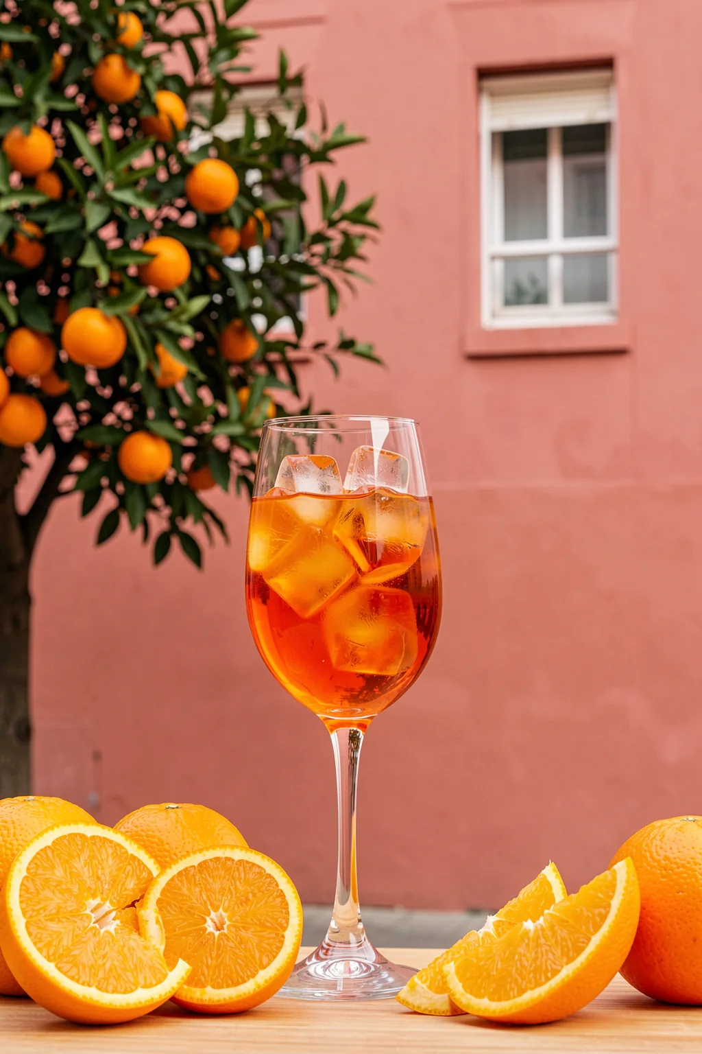 Drink Summer Scene. A glass of iced amber drink is surrounded by orange slices and fruit-bearing branches against a pink wall.