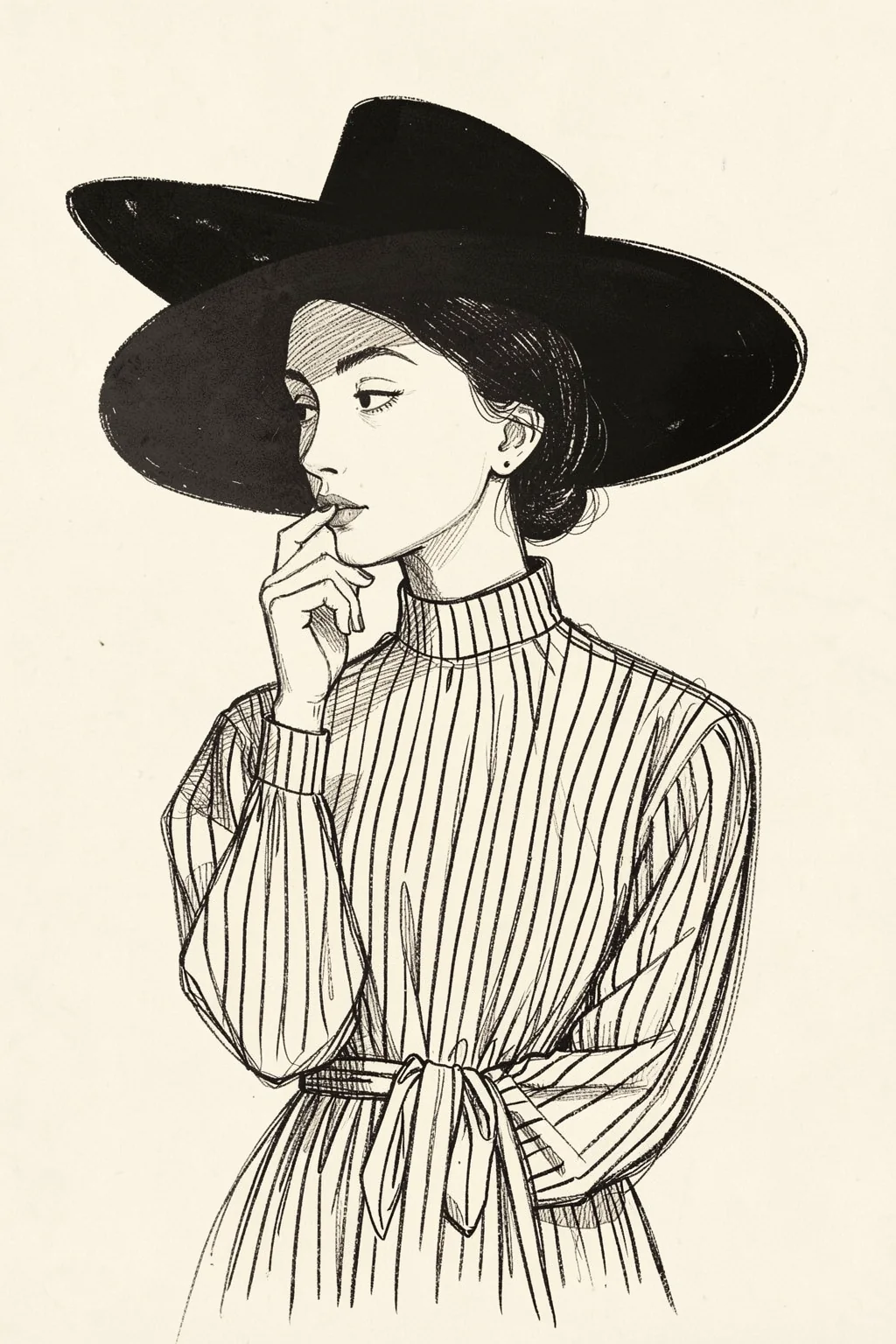 Portrait of a Woman 1910. A fine monochrome line drawing depicts a woman in a wide-brimmed black hat and belted, vertically striped dress.