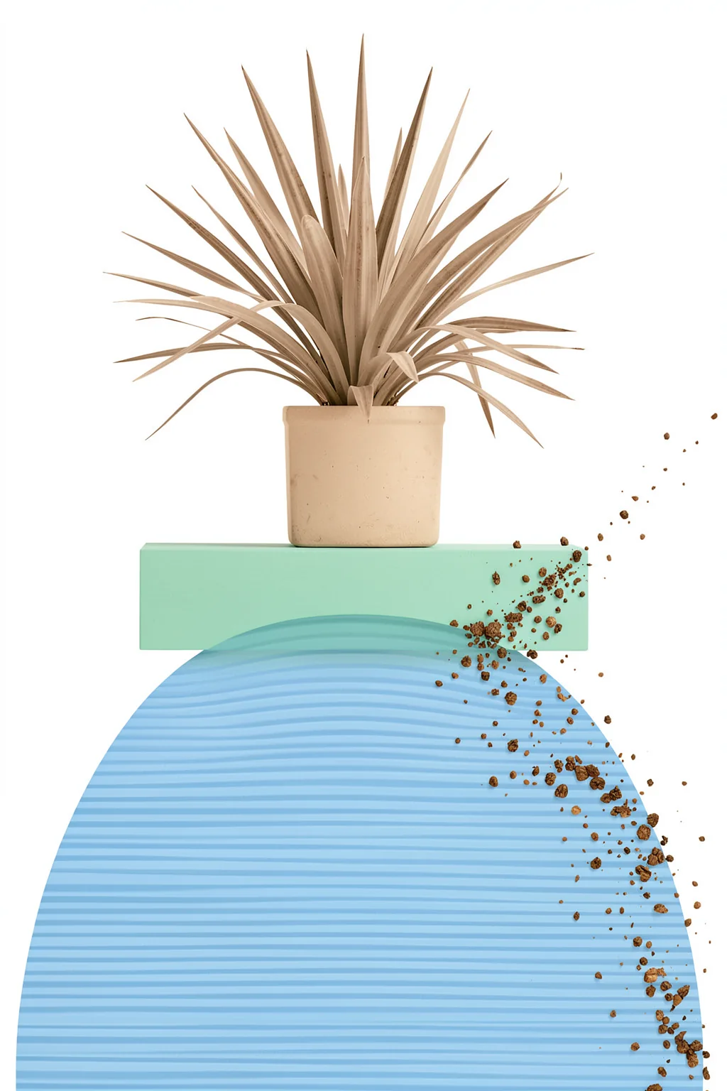 Boho Botanical Stacks. A spiky potted plant balances on a mint block above a large blue striped sphere, with soil scattered down one side.