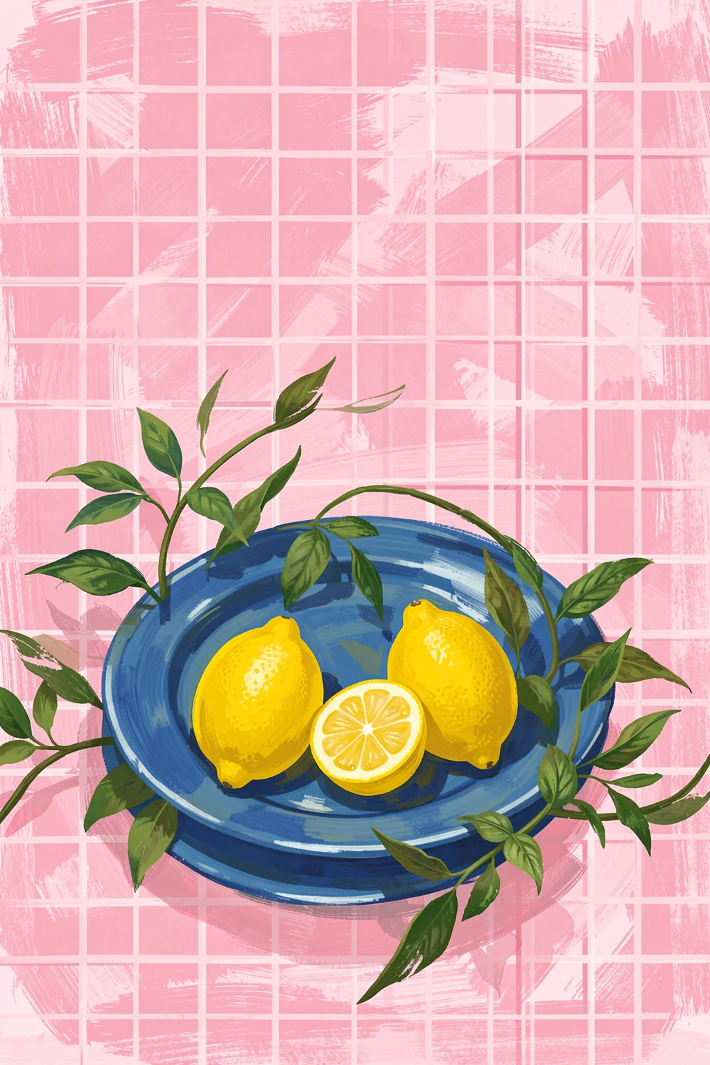 Fresh Lemons Blue Plate. Three lemons sit on a blue plate surrounded by green leaves against a pink, brush-textured grid.