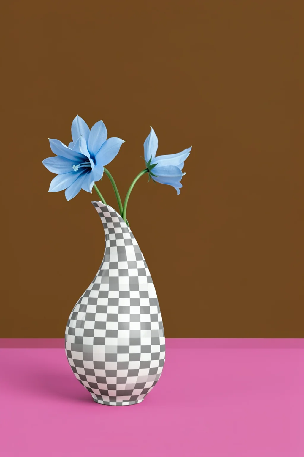Minimalist Bellflowers In Vase. Two pale blue bellflowers rise from a checkerboard-patterned vase on a pink tabletop against a dark brown wall.
