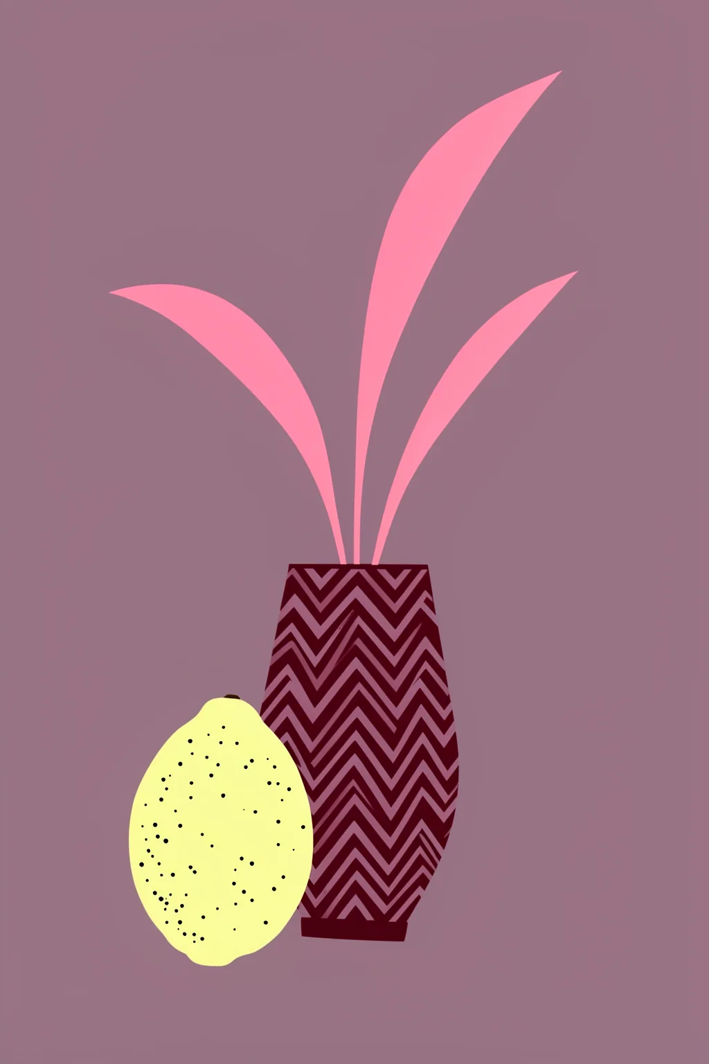 Modern Botanical Still Life. Three sweeping pink leaves rise from a burgundy zigzag-patterned vase beside a pale yellow lemon.