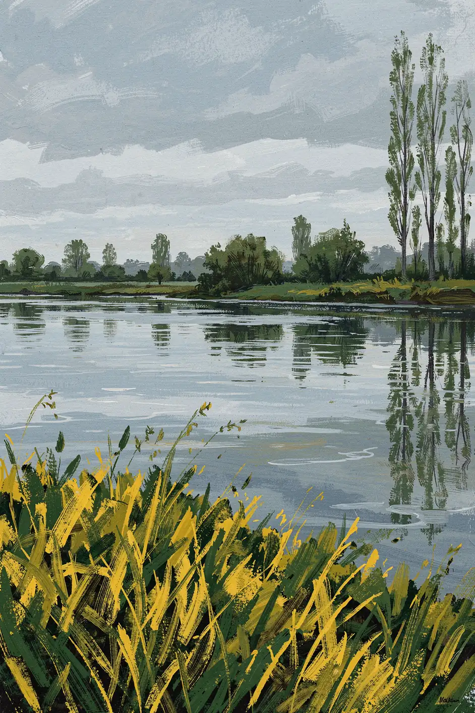 Banks Of The Seine. A painted river landscape shows reflective water, a tree-lined far bank and tall grasses in the foreground.