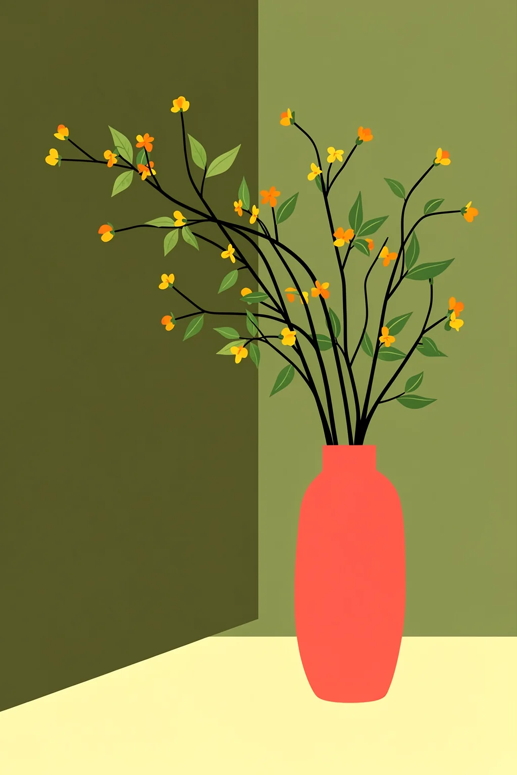 Still Life 03. Fine flowering branches with small yellow and orange blossoms fan out from a coral-red vase against olive-green walls.