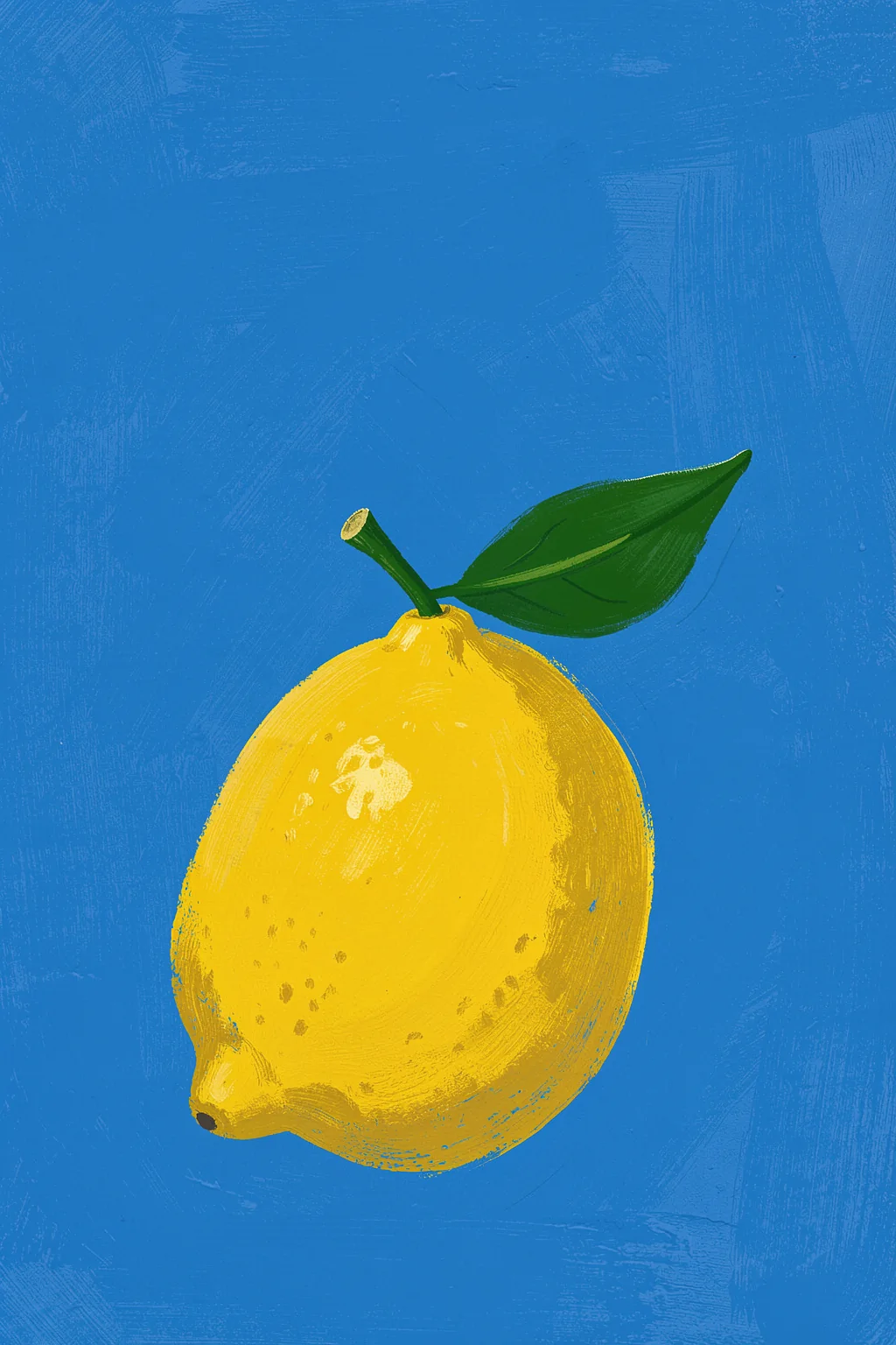 Bright Yellow Lemon. A single bright yellow lemon with a green leaf is centred on a textured cobalt-blue background.
