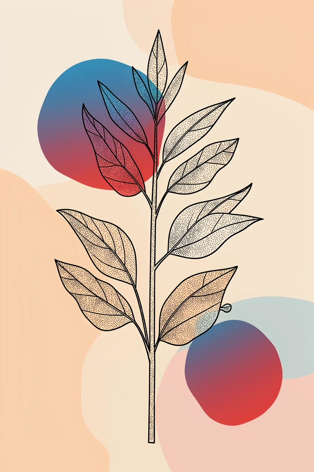 Pastel Botanical Forms. An outlined leafy stem overlaps soft pastel circles and translucent shapes in peach, cream, blue and rose.