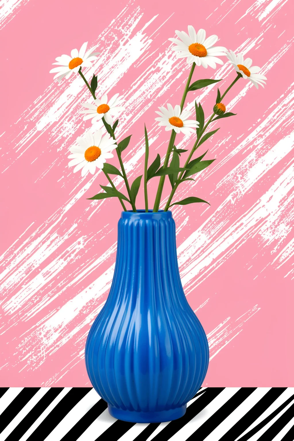 Abstract Floral Vase. White daisies with orange centres stand in a ribbed cobalt-blue vase above a black-and-white striped floor.
