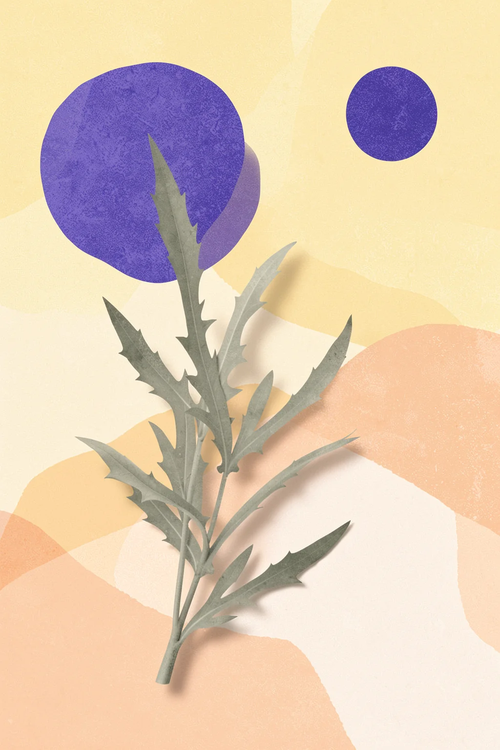 Soft Botanical Abstract. A muted grey-green leafy stem overlays softly layered circles and curved pastel forms in cream, peach and lavender.