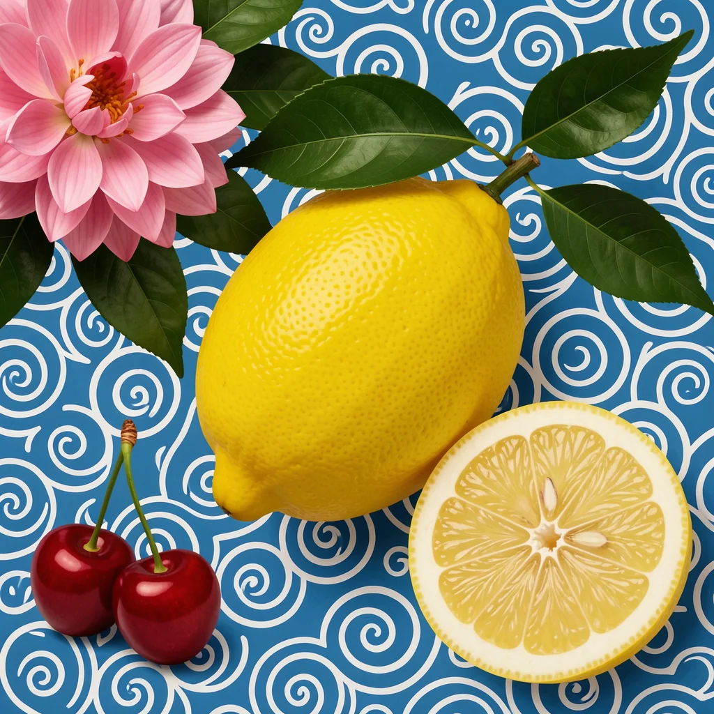 Vibrant Lemons And Cherries. A whole lemon, a lemon half and two red cherries sit beneath a pink blossom on a blue-and-white patterned ground.