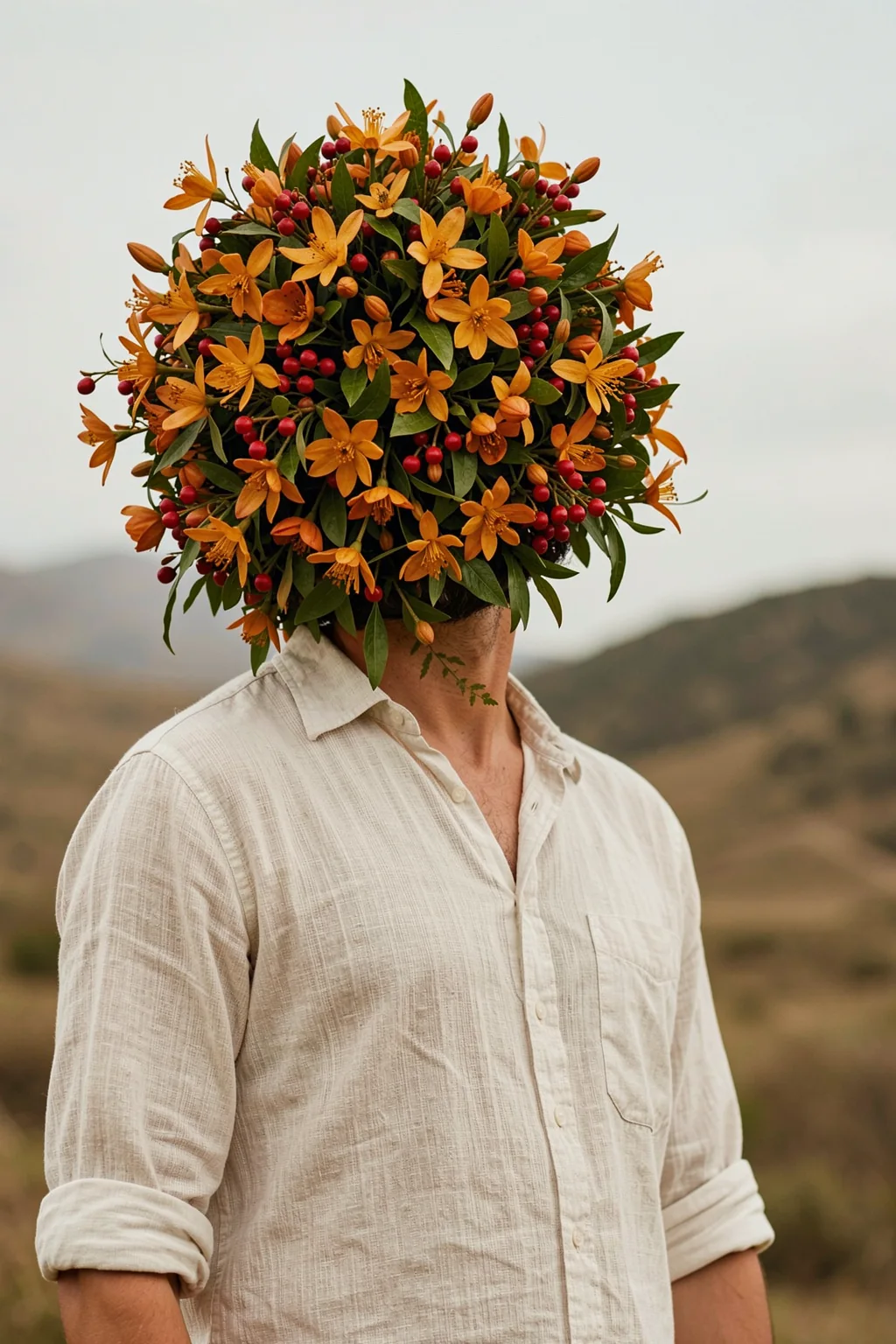 Roots Bright. A person in a cream shirt stands against a muted landscape, their head concealed by dense orange flowers and red berries.