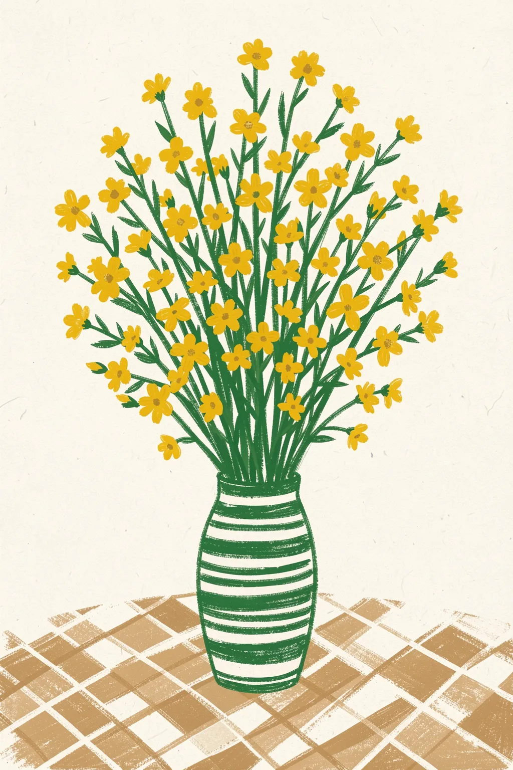 Botanical Vase Checkered Table. Many small yellow flowers fill a green-and-white striped vase set on a pale checkered tabletop.