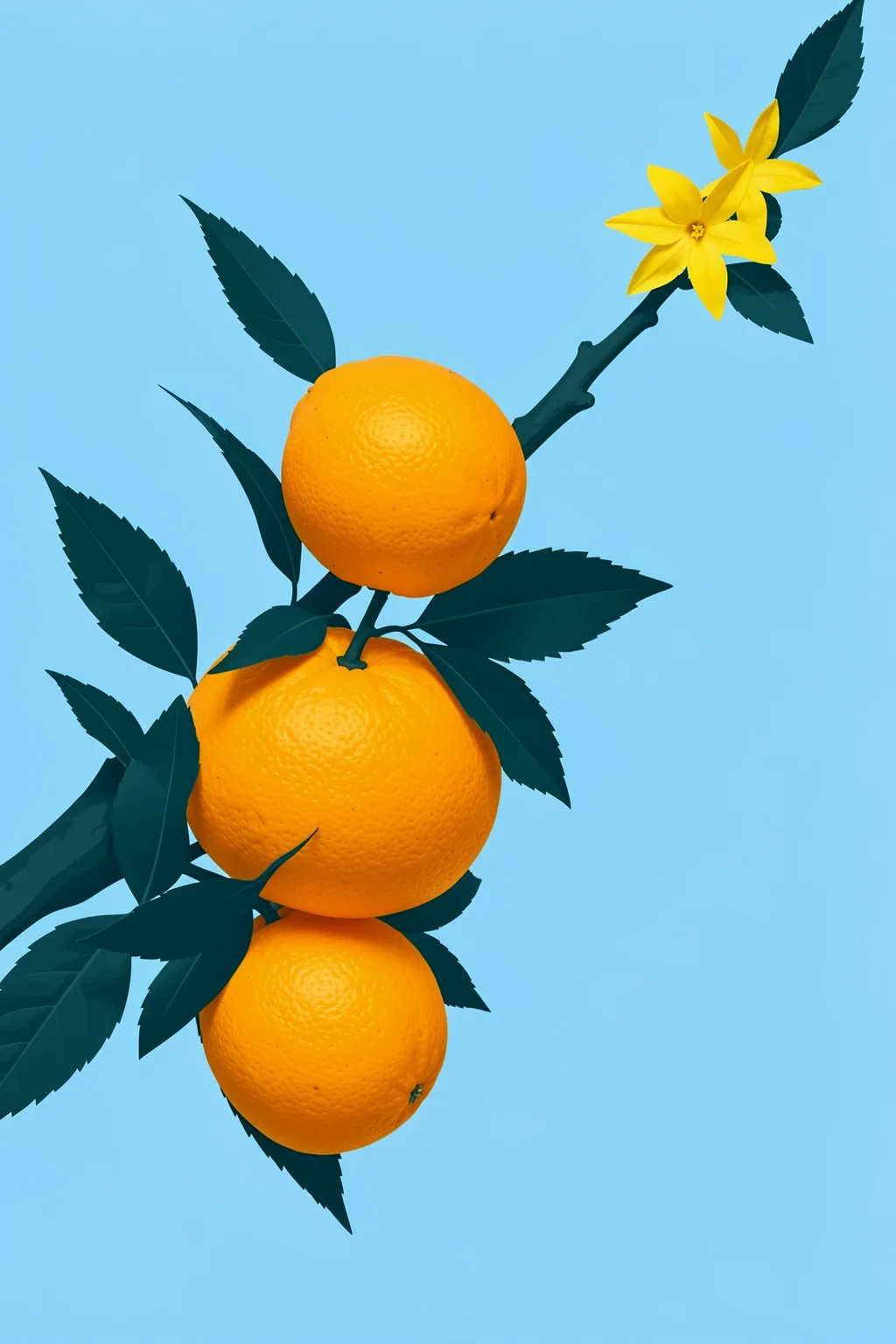 Orange Branch. Three oranges and a yellow blossom hang from a dark leafy branch against a clear sky-blue background.