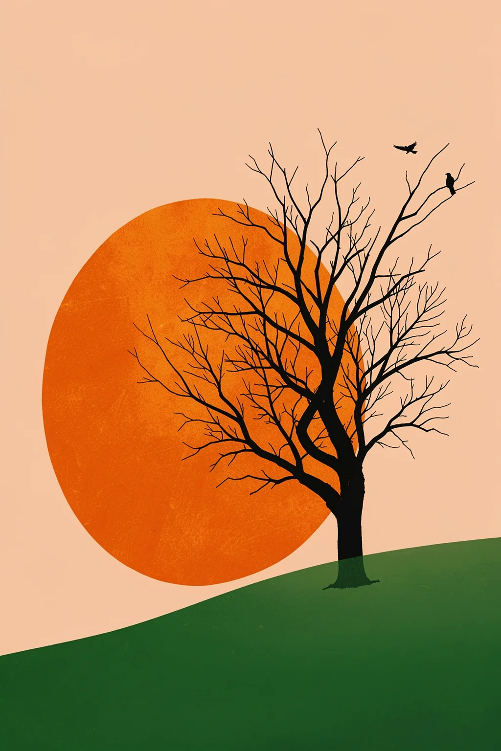 Sunset Memories. A bare tree and two birds are silhouetted against a large orange sun above a sloping green hill.