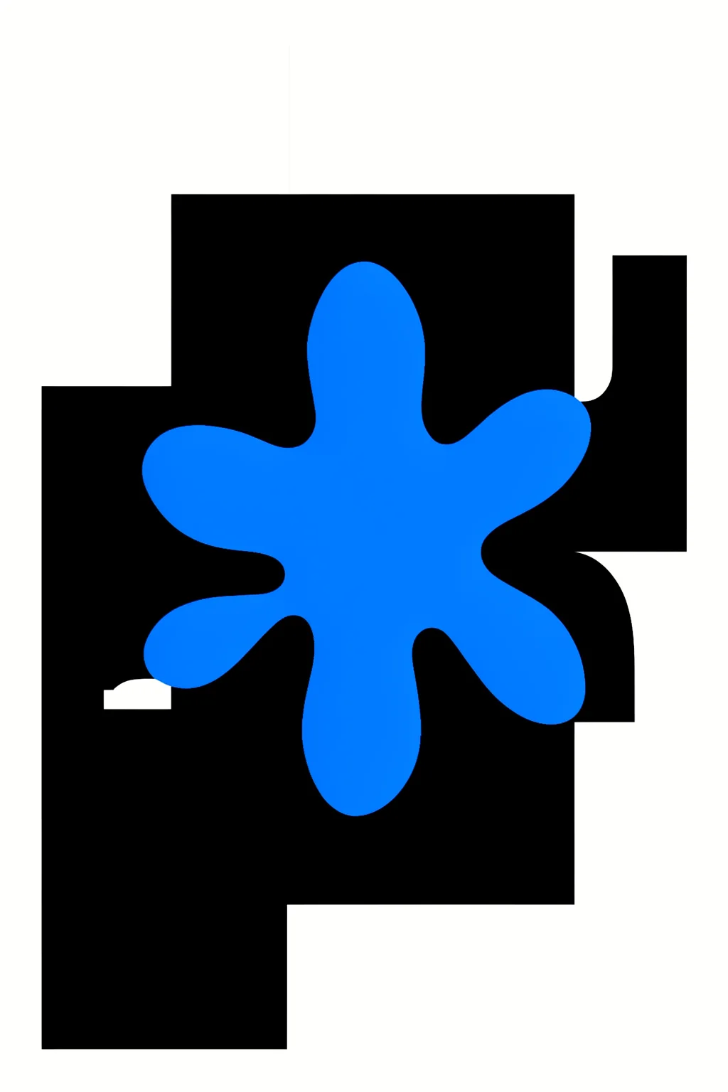 Blue Abstract Flower. A bright blue, rounded flower-like shape sits over bold black geometric blocks on a white background.