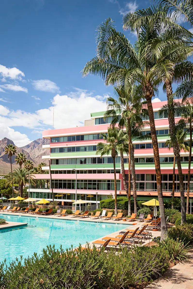 Colorful Desert Oasis. A palm-lined resort with a turquoise pool and pastel-striped hotel sits below a mountain range and blue sky.