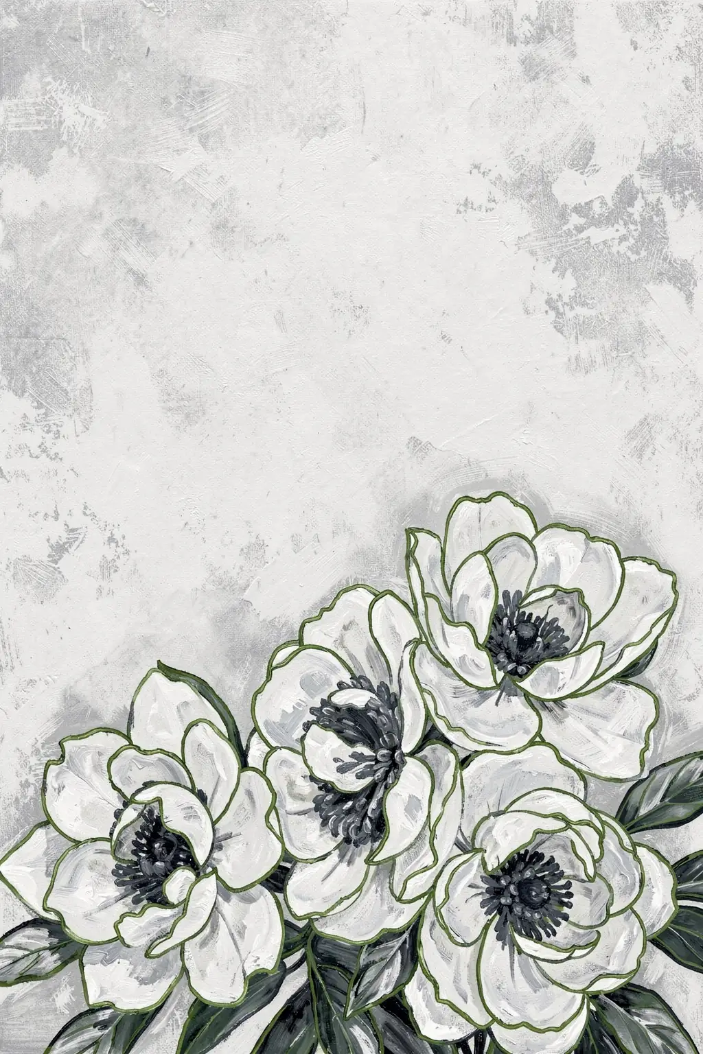 Soft White Peonies. Large white peony-like flowers with dark centres and grey-green leaves fill the lower portion of a pale textured ground.