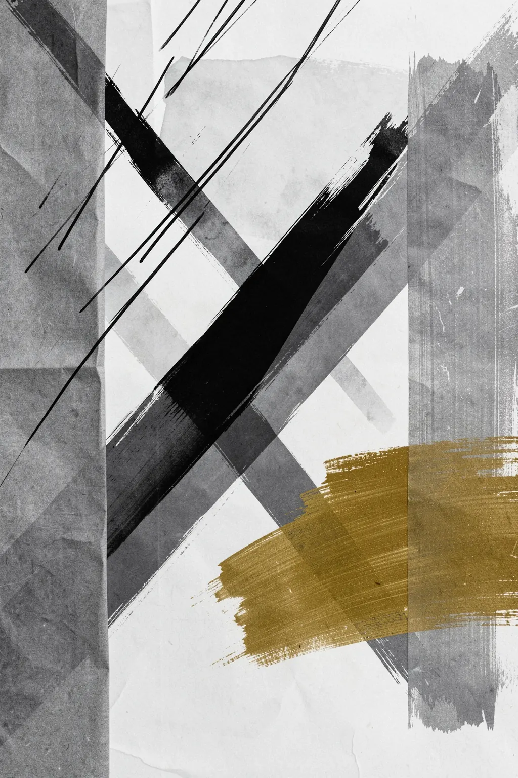 Lighthouse. Broad black, charcoal, grey and white brushstrokes intersect diagonally, with a small ochre accent on a textured ground.