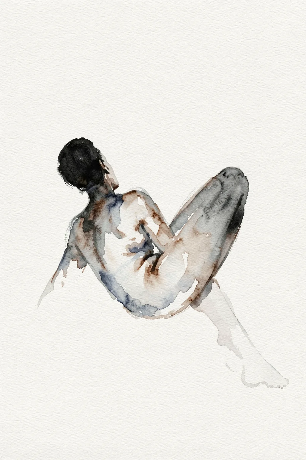 Crouching Nude In Shoes and Black Stockings 1912. A muted watercolor study of a seated, bent-forward nude figure, rendered in soft grey and warm tones on textured off-white paper.