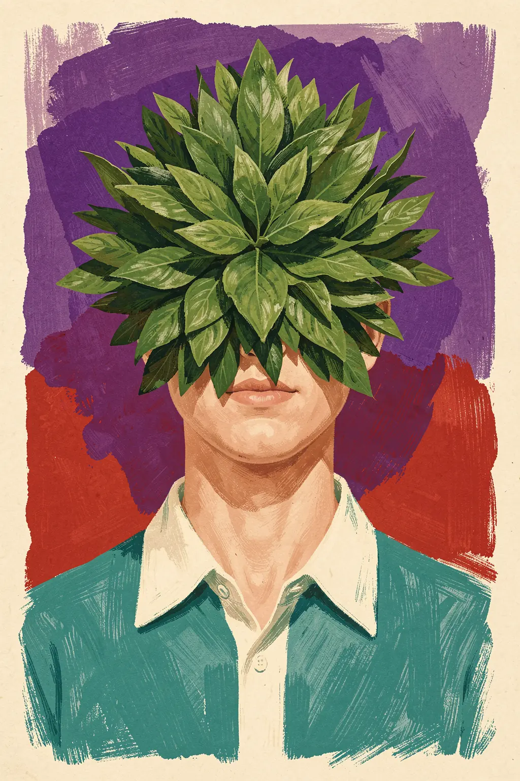 Enigmatic Botanical Portrait. A painted bust in a teal jacket has its face largely hidden by dense green leaves, set against a rough red-purple background.