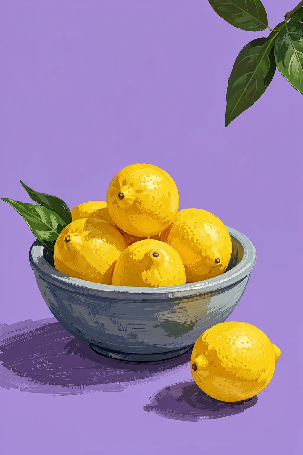 Fresh Yellow Lemons. Yellow lemons sit in a grey-blue bowl and beside it on a lavender tabletop, with dark green leaves above.