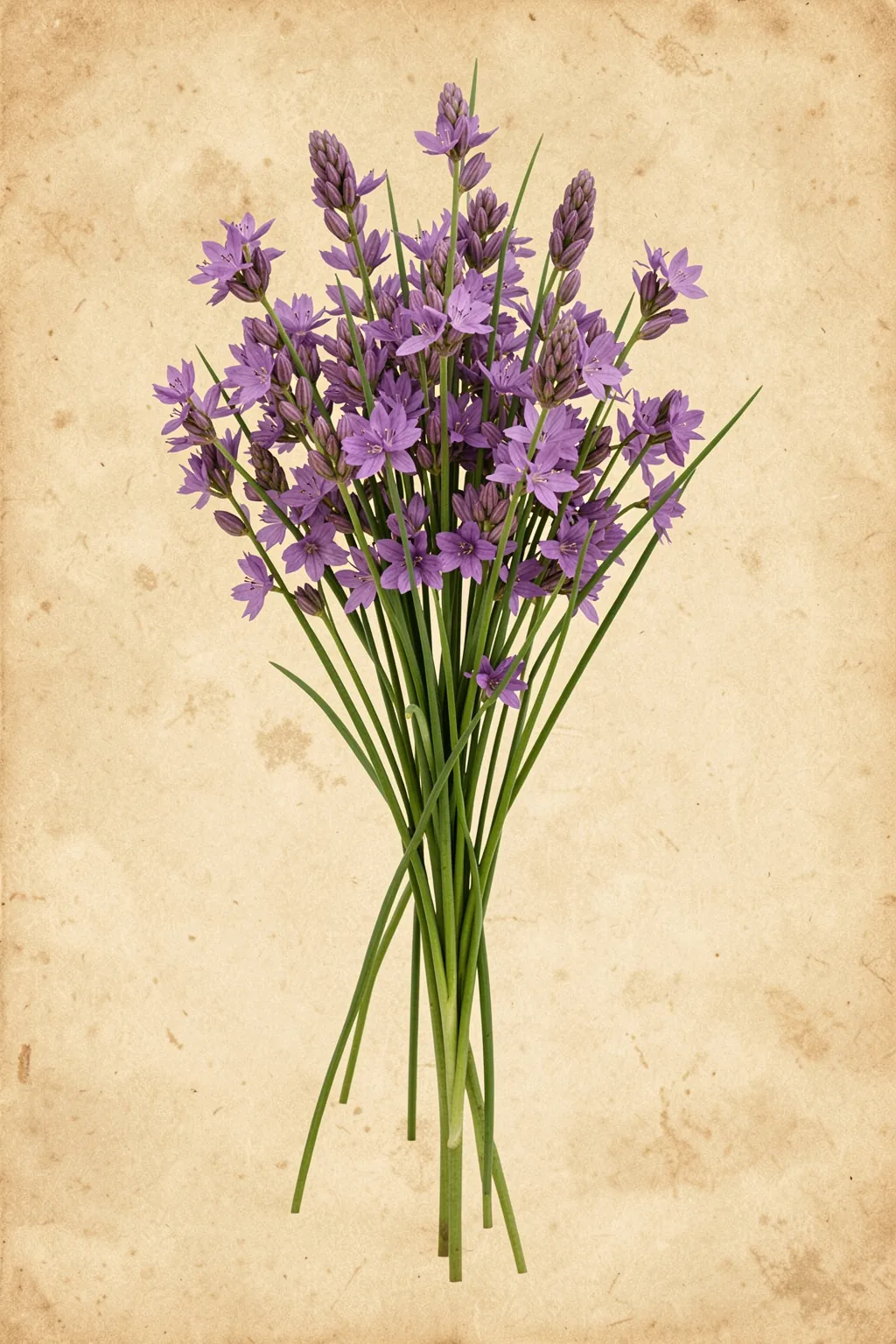 Fresh Chives Bloom. Slender green stems topped with small purple flowers rise from a mottled parchment-coloured ground.