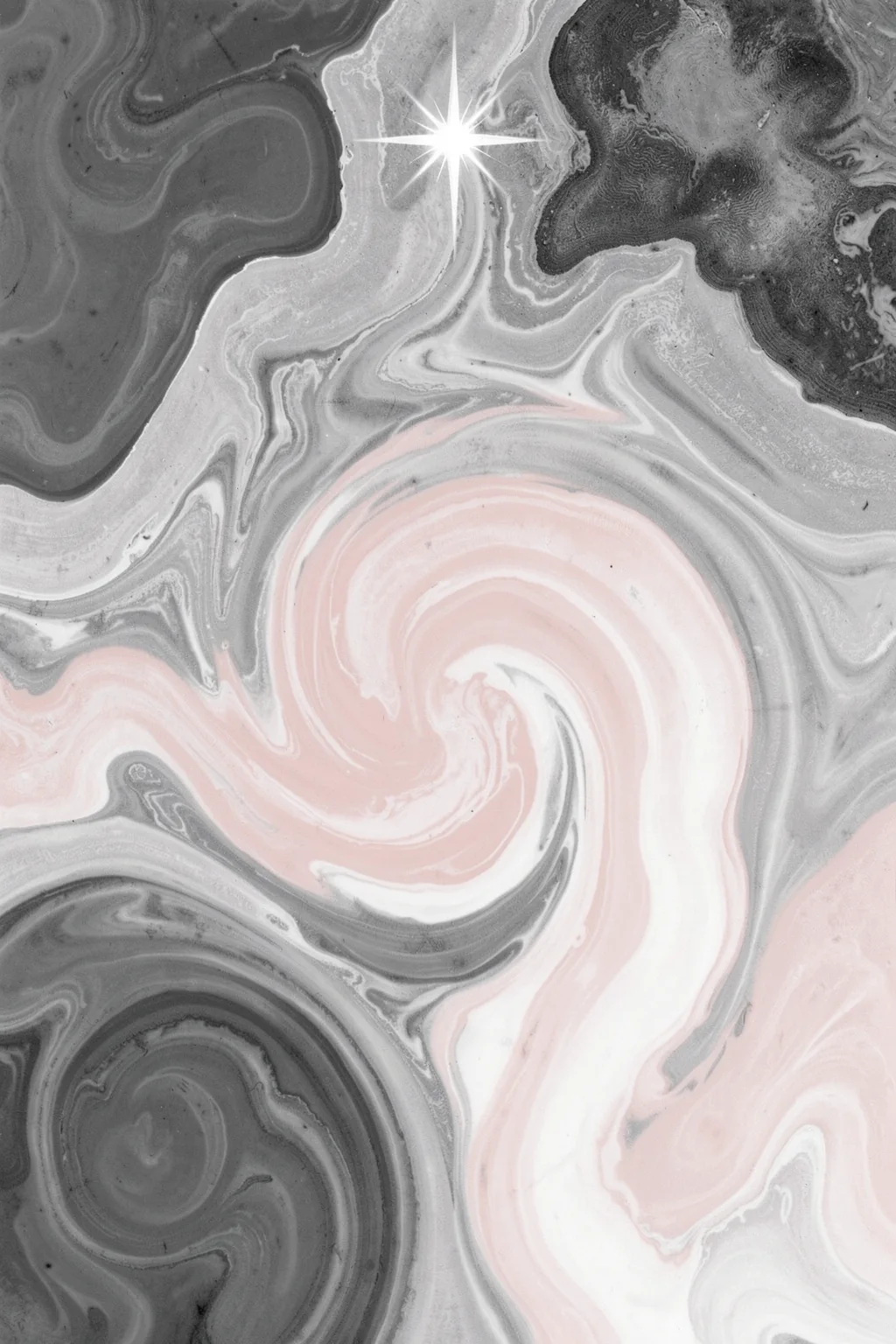 Swirling gray and White Marble Textures. Swirling bands of charcoal, silver, white and pale blush create a marbled pattern, with a small starburst near the top.