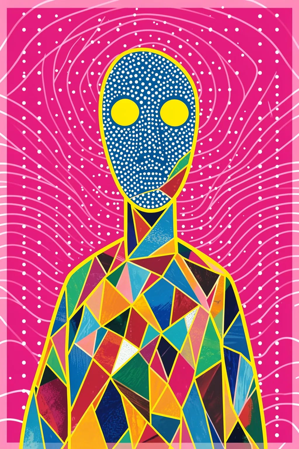 Glowing Polka Dot Portrait. A stylized geometric figure with a dotted navy oval head and multicoloured angular body stands against a hot-pink field patterned with white dots and loops.