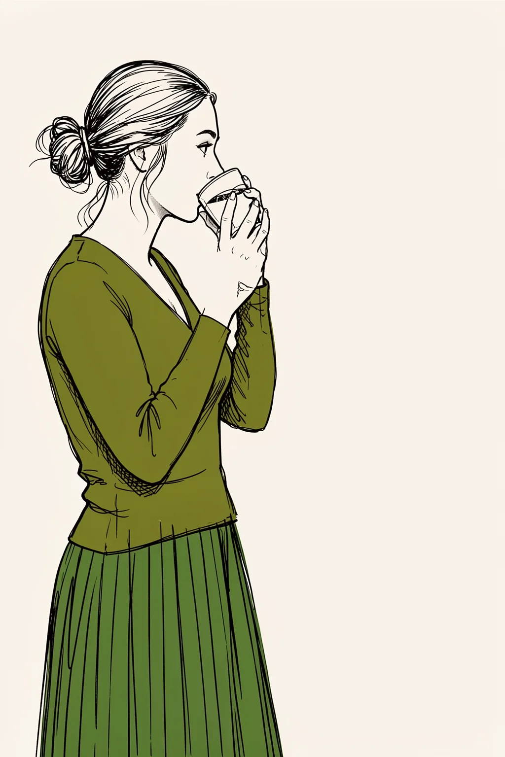 Quiet Tea Moment. A minimalist black line drawing shows a woman with her hair in a bun sipping from a cup, wearing olive green against cream.