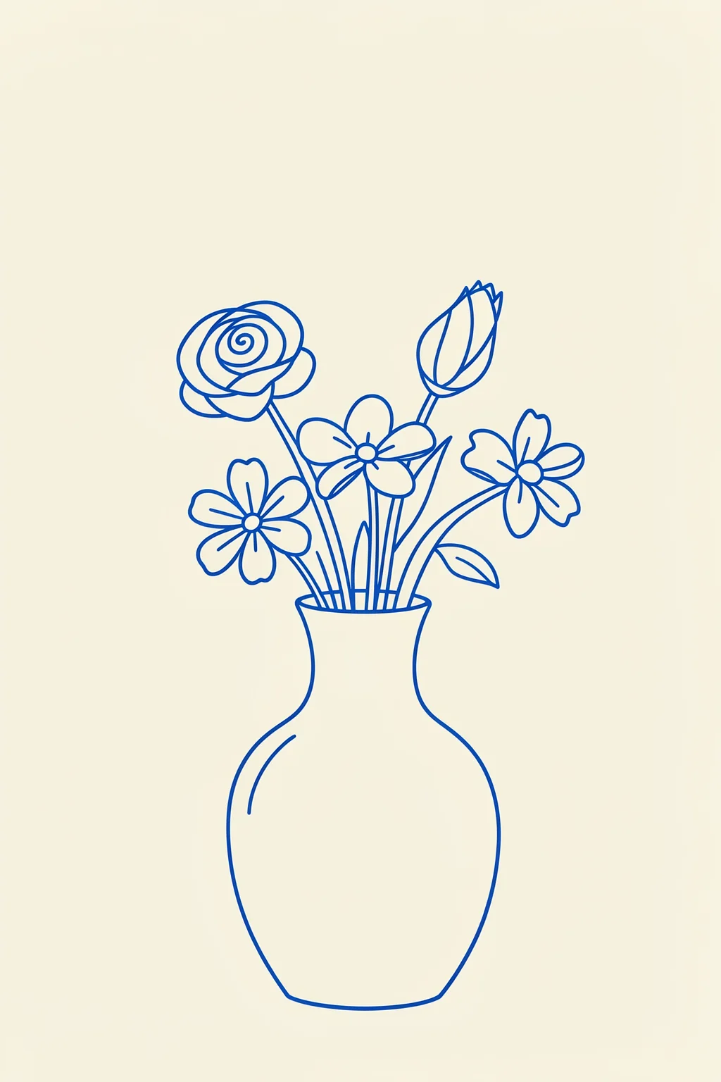 Self-Care Blooms. A blue line illustration of a vase holding a rose, buds and daisy-like flowers is centred on pale yellow.
