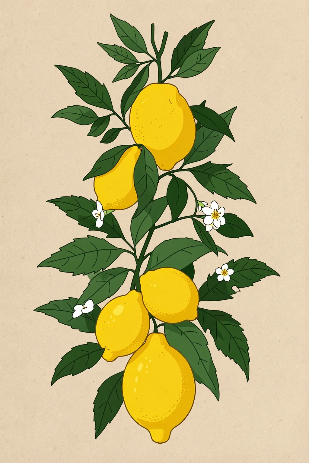 Golden Citrus Delight. A graphic lemon branch with yellow fruit, white blossoms and dark green leaves stretches across beige.