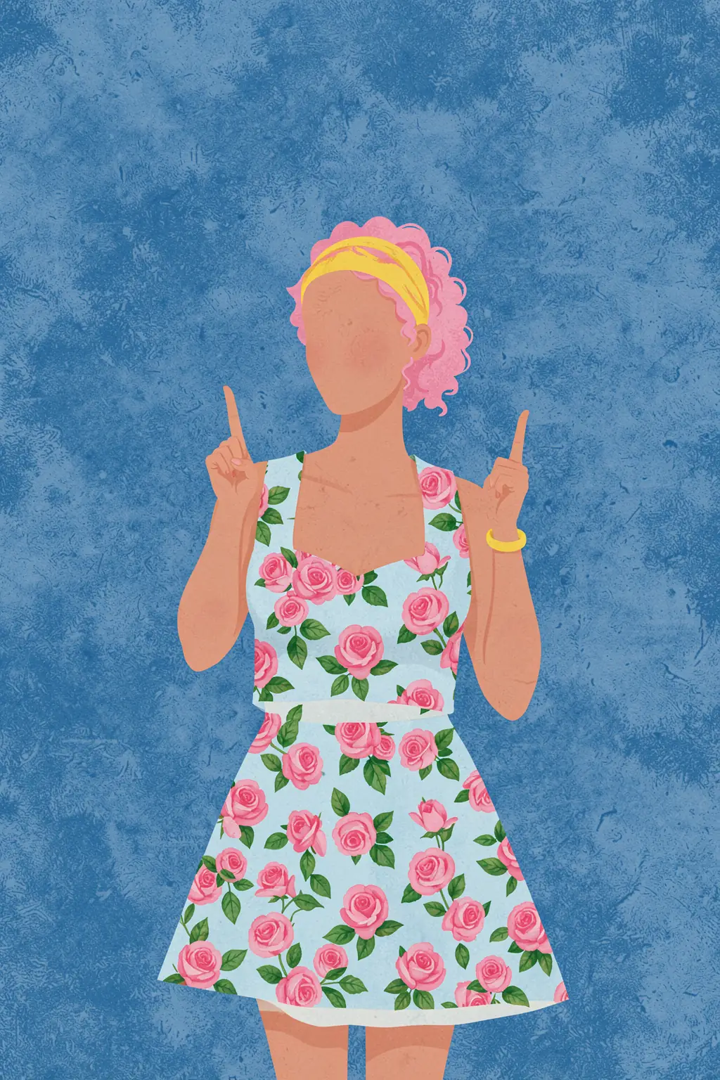 Not your girl. A faceless stylized woman with pink hair and a yellow headband raises both index fingers, wearing a light rose-print dress against textured blue.