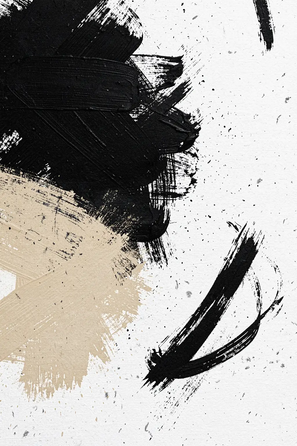 Black and Nude. Rough black and white brushstrokes with a broad beige accent form an expressive abstract composition on textured paper.