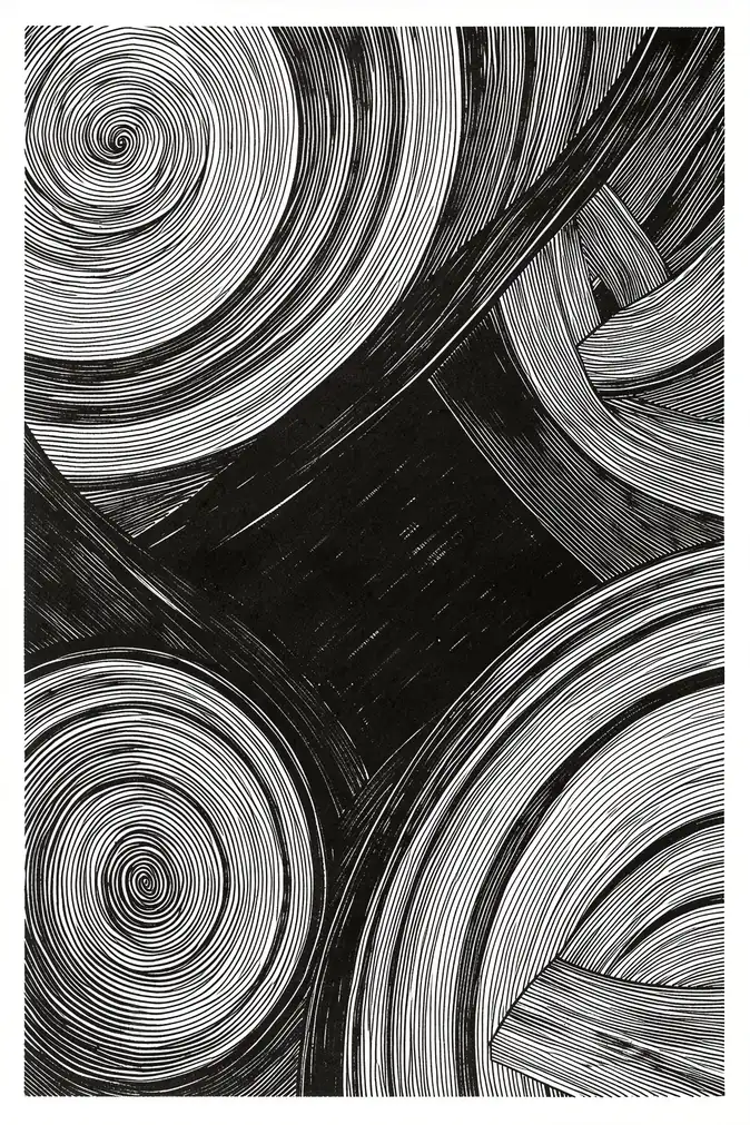 Curved Line Symphony. Dense black-and-white curved lines sweep and spiral around a dark central area in a high-contrast graphic pattern.