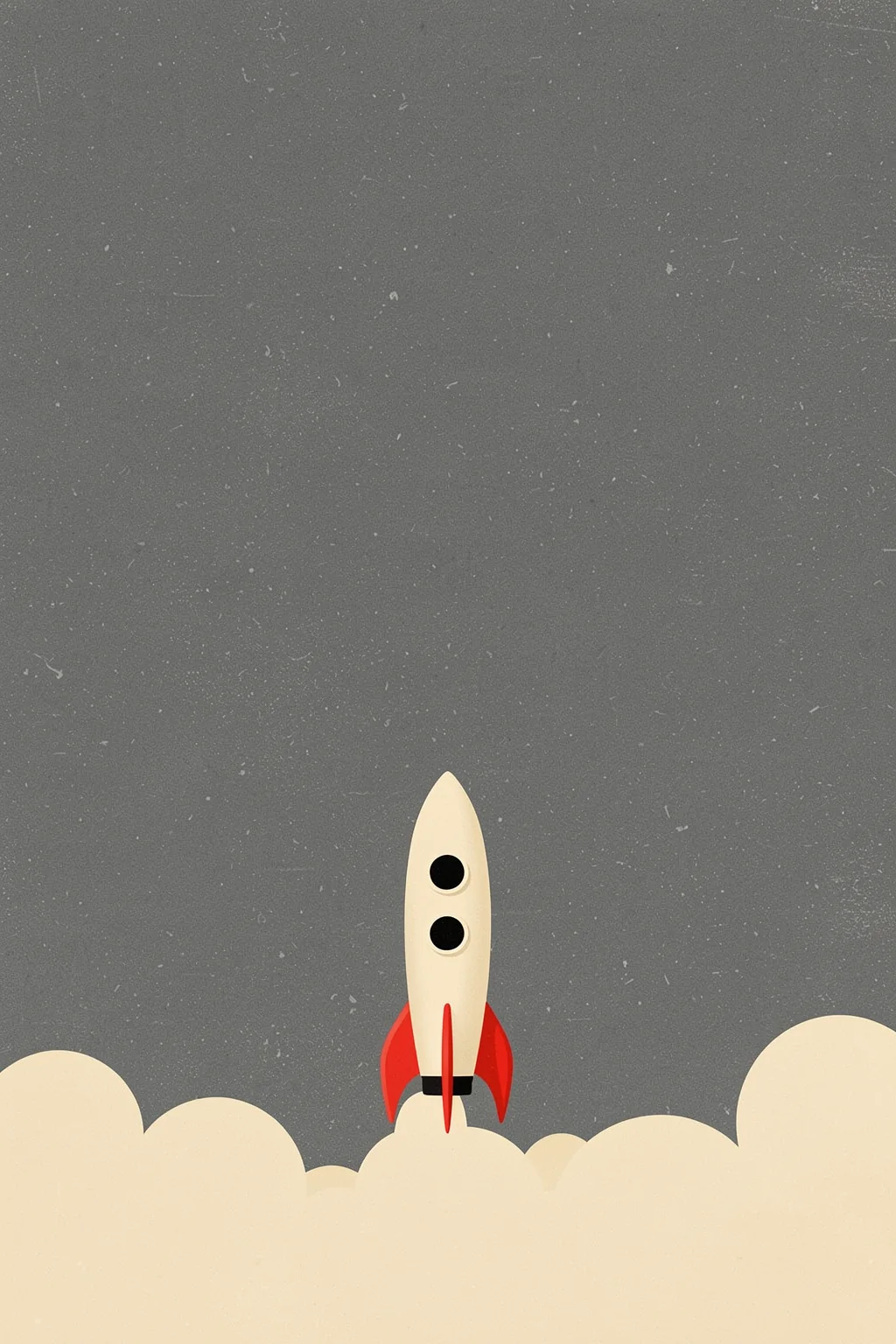 Retro Rocket Launch. A simple cream rocket with red fins rises above rounded clouds against a textured charcoal-grey sky.