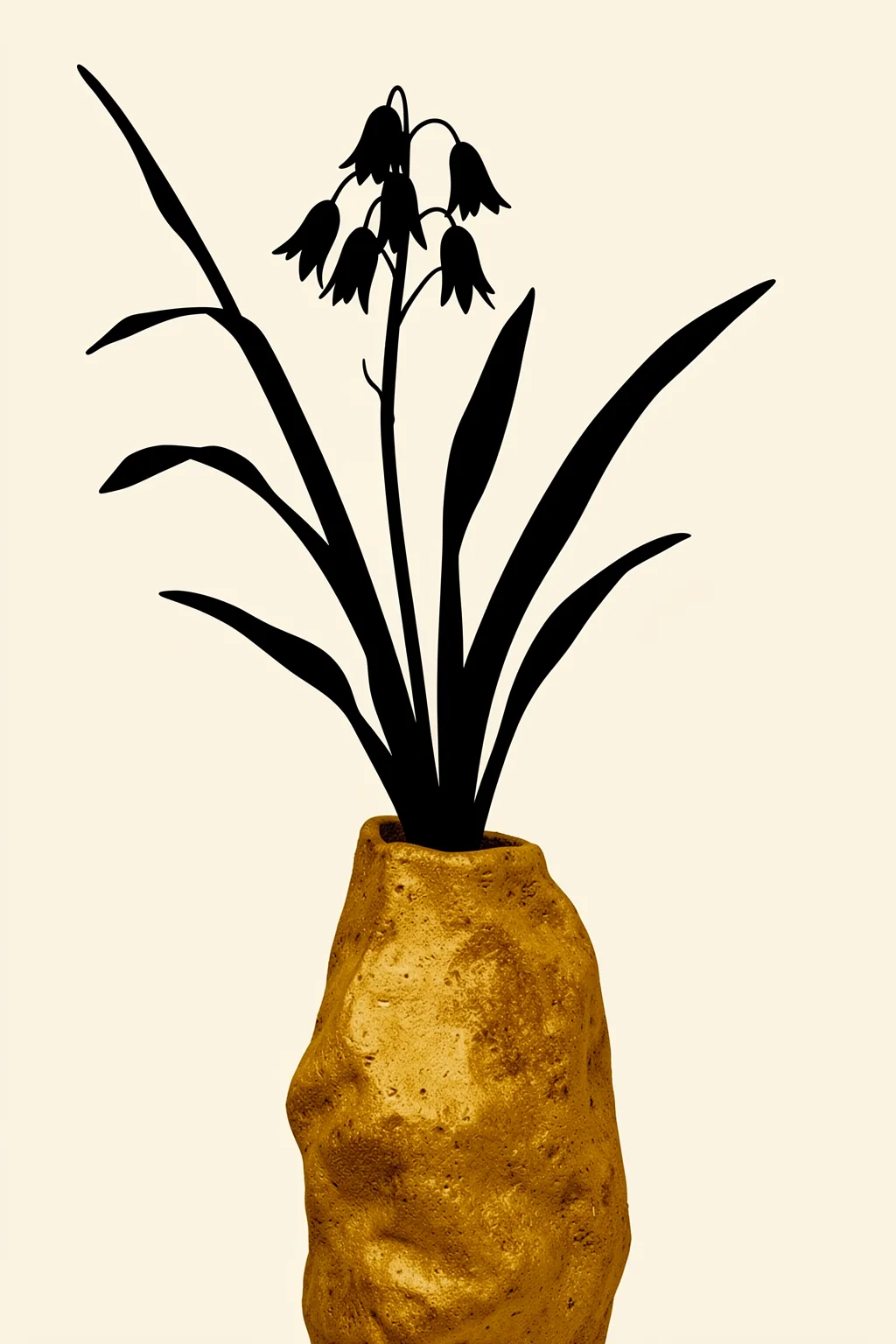 Water Lilies Gold. A black silhouetted plant with drooping bell-shaped flowers grows from a textured golden vessel on ivory.