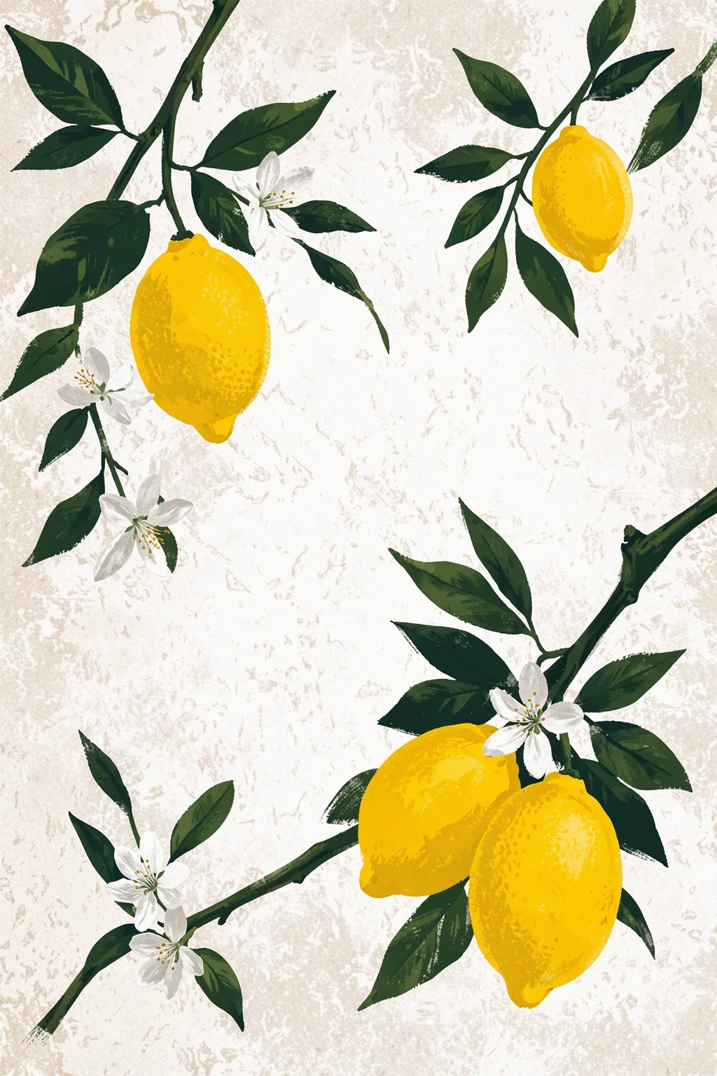Citrus Symphony. Yellow lemons, white blossoms and dark green leaves decorate branching stems on textured cream paper.