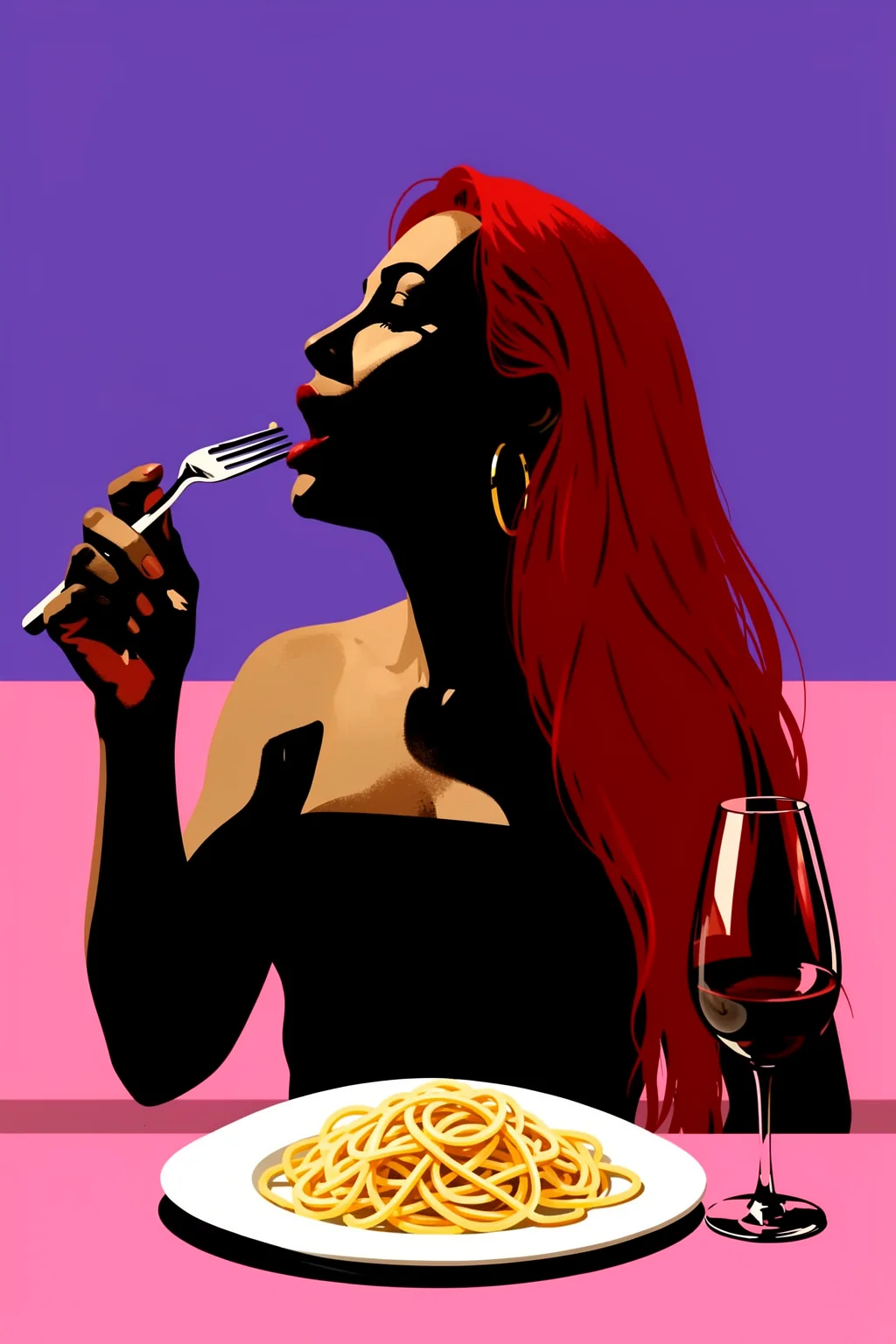 Eat spaghetti no regretti. A stylized red-haired woman lifts a fork toward her mouth beside a plate of spaghetti and a glass of red wine, against purple and pink blocks.