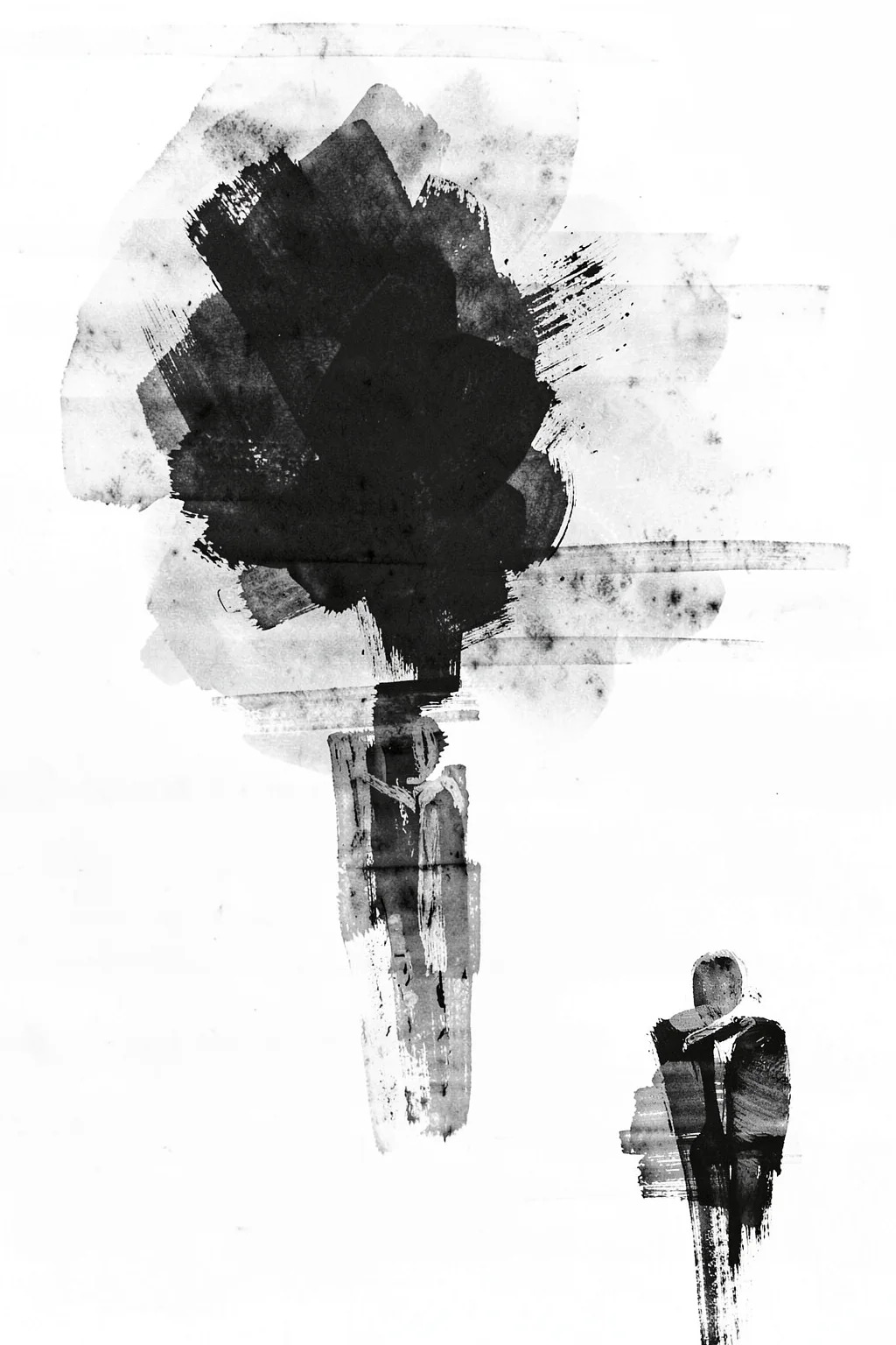 Dynamic Monochrome Abstract. A loose monochrome composition of layered grey washes and rough black brush marks forms an abstract figure-like silhouette on white.