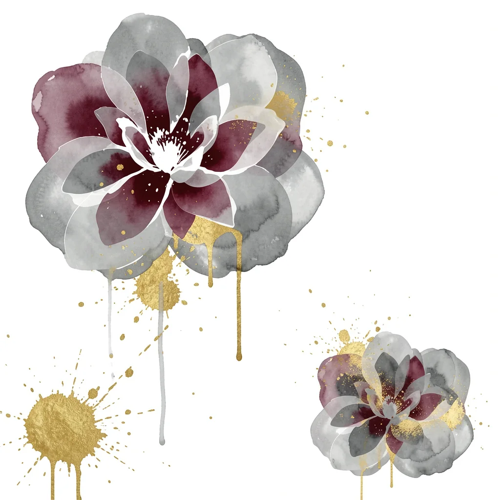 Abstract Golden Blooms. Two translucent grey and mauve blossoms are accented by gold splashes and drips on white.