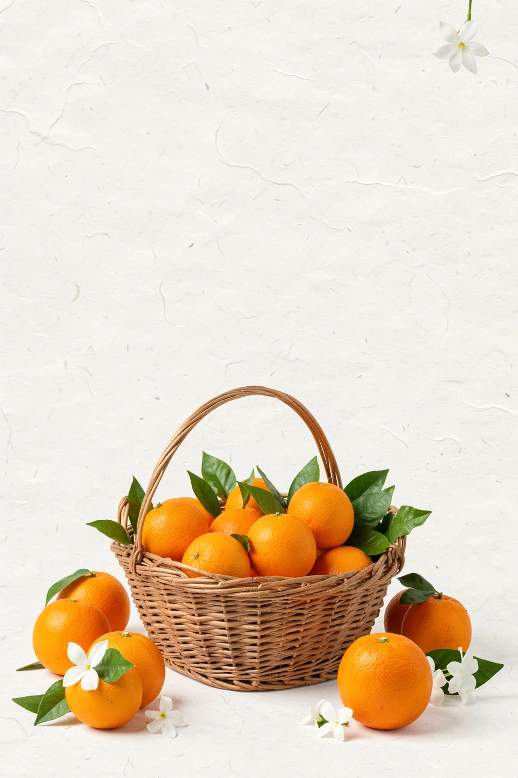 Sweet Orange Blossoms. A wicker basket filled with oranges and green leaves sits with loose oranges and white blossoms on textured cream.