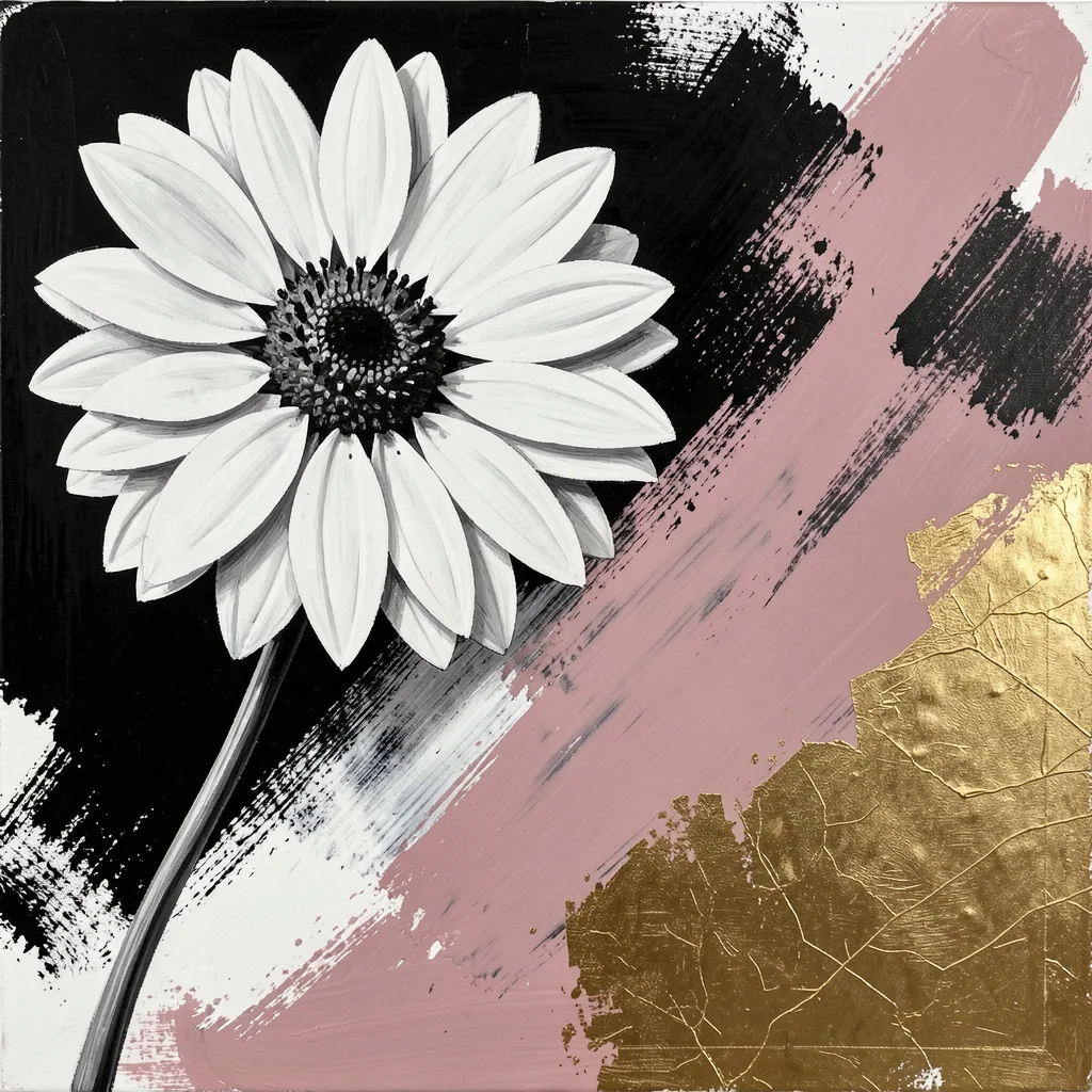 White Gold Bloom. A large white daisy with a dark centre overlaps black and blush brushstrokes and a textured gold area.