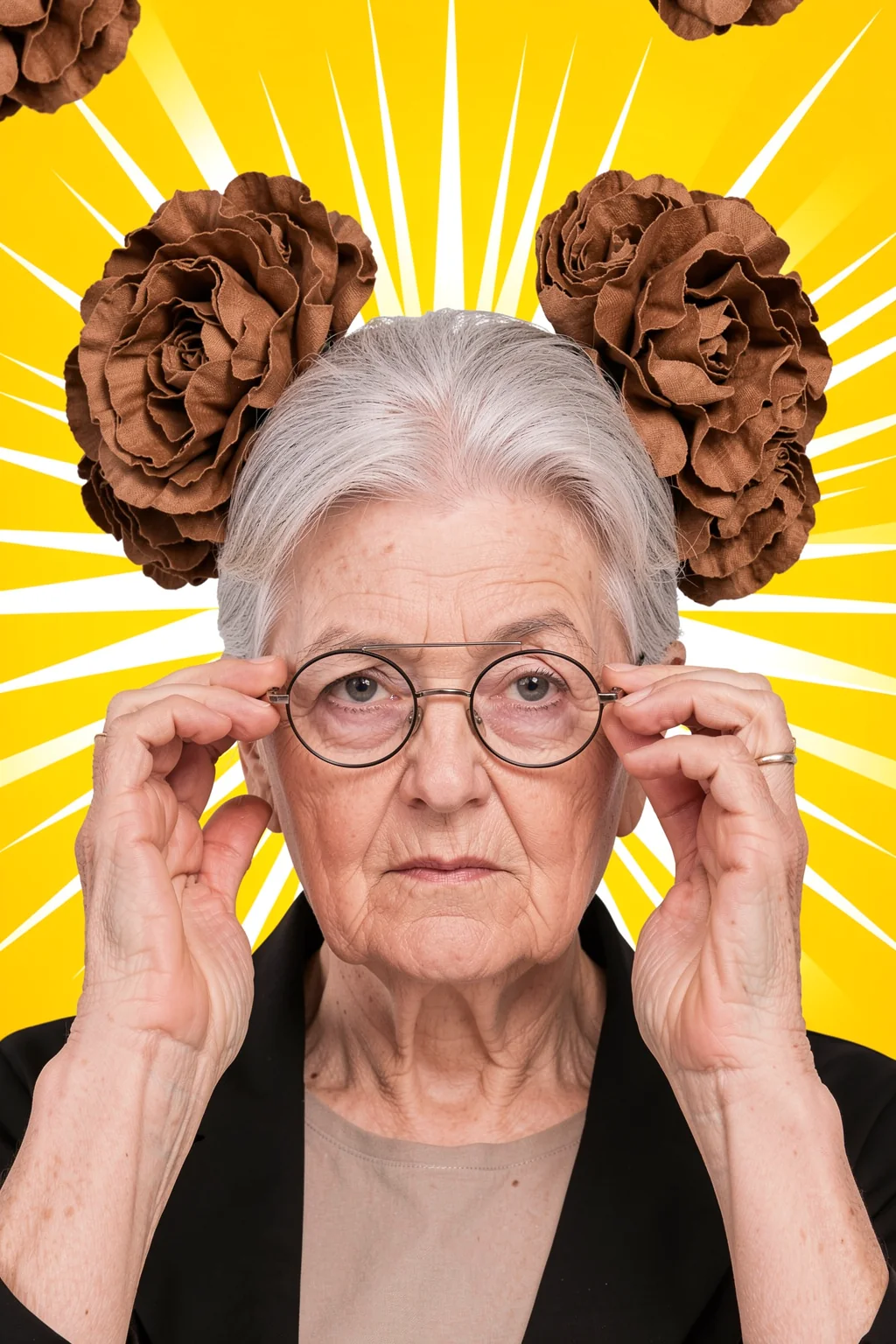Time To Sparkle Grandma. A close portrait of an older woman adjusting round glasses, framed by oversized brown flowers and bright yellow sunburst rays.