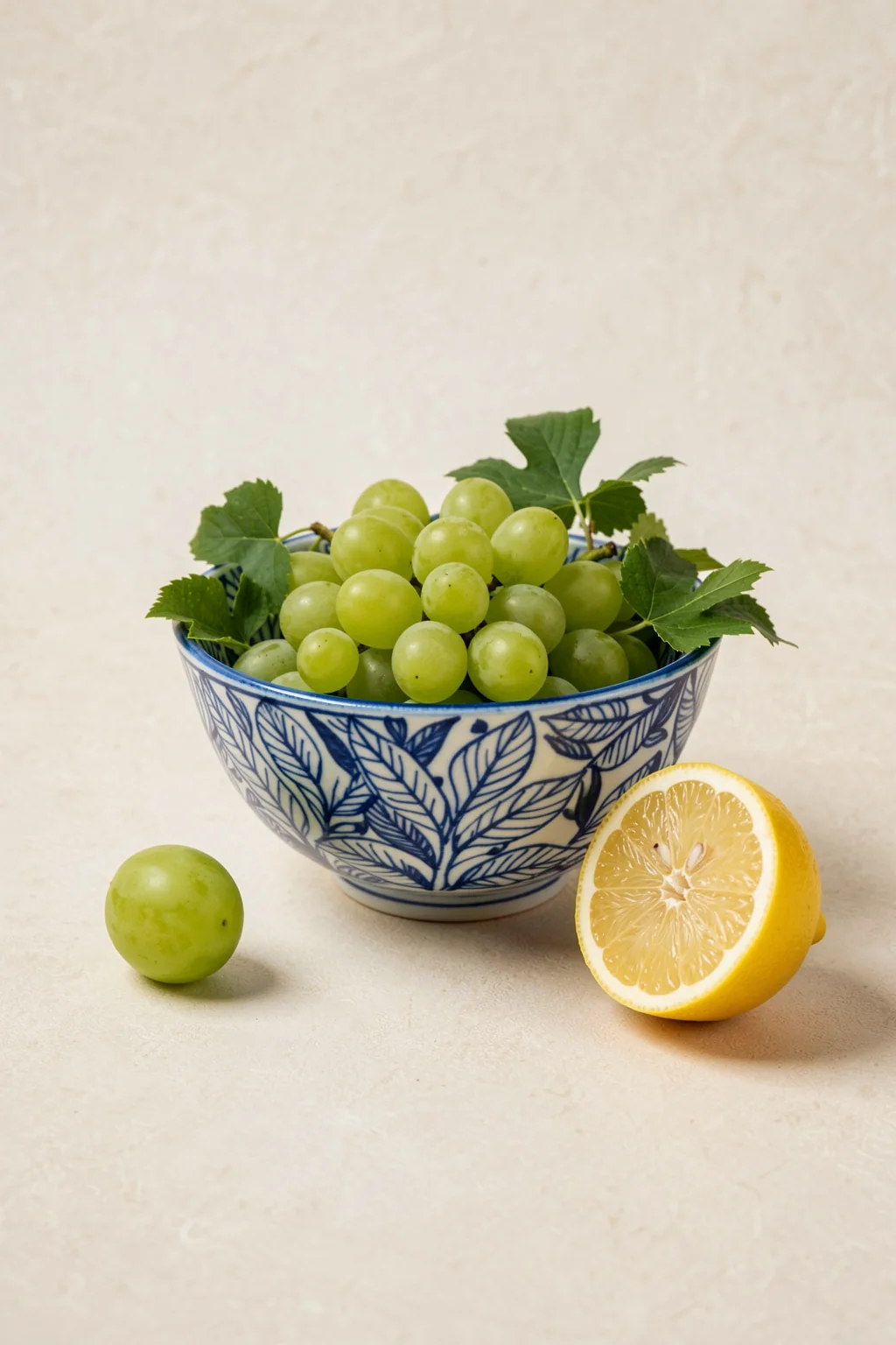 Bowl of Grapes. Green grapes fill a blue-and-white patterned bowl beside a loose grape and a cut lemon on a light surface.
